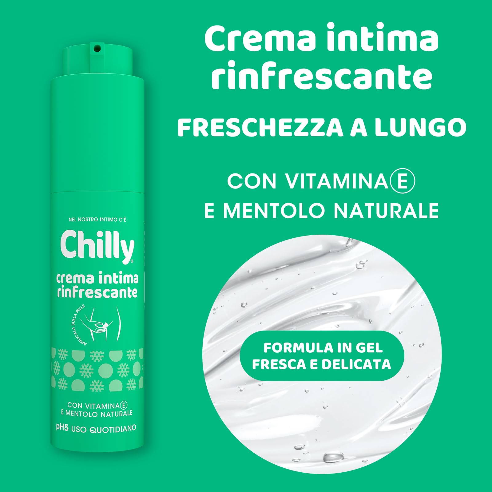 Chilly, Crema Intima Rinfrescante, con Vitamina E e Mentolo Naturale, Effetto Lenitivo e Freschezza Immediata,Texture in Gel Trasparente a Rapido Assorbimento, pH 5, Ideale per Uso Quotidiano, 50 ml
