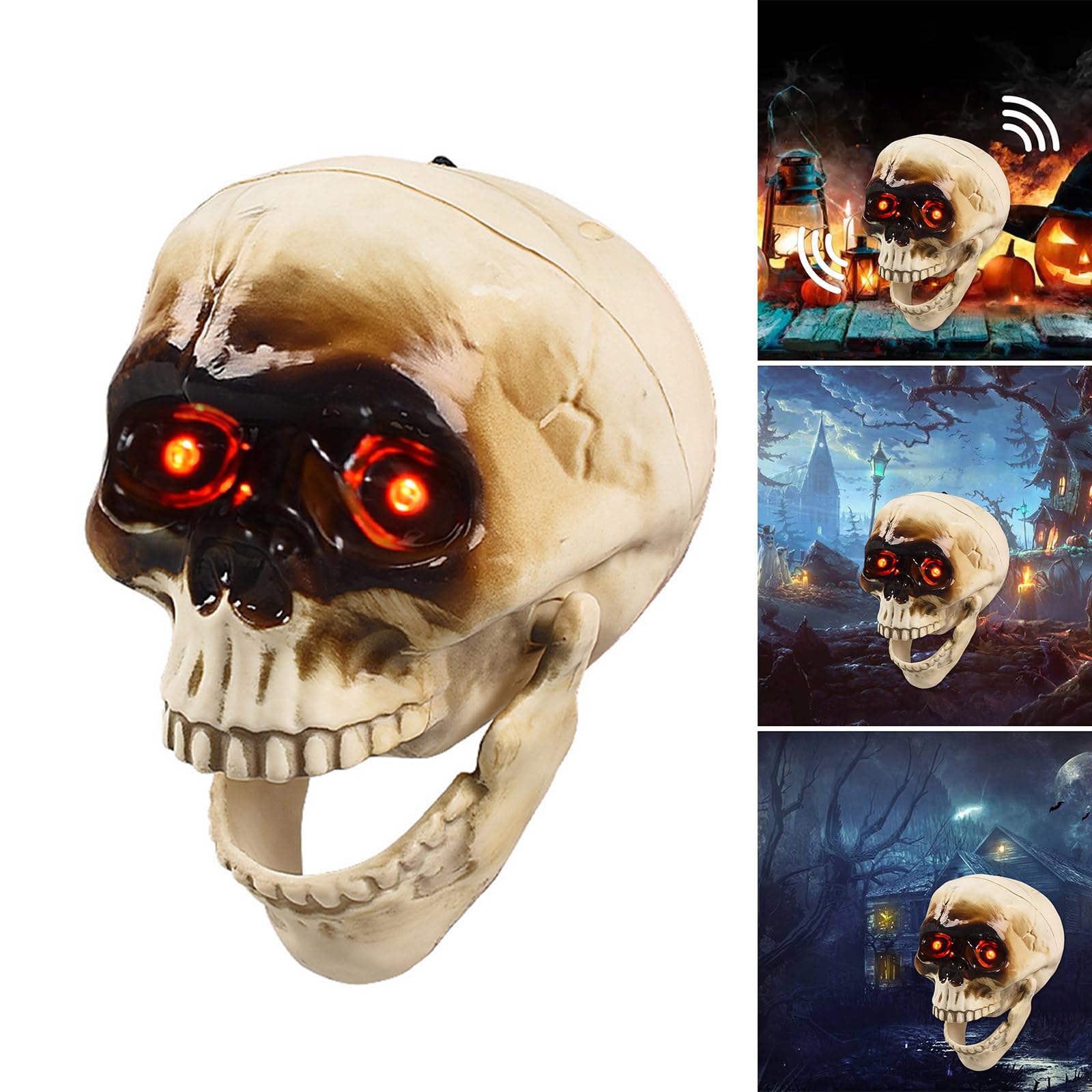 Halloween Party Props Skull Head Ornament with Animated Jaw Movement and Sound Terrifying Skeleton Home Decoration