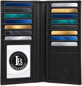 Leatherboss Mens Genuine Leather Long Bifold Wallet | Card Holder Clutch with 6 Card Slots, ID Window, Cash and Checkbook Compartment, Black