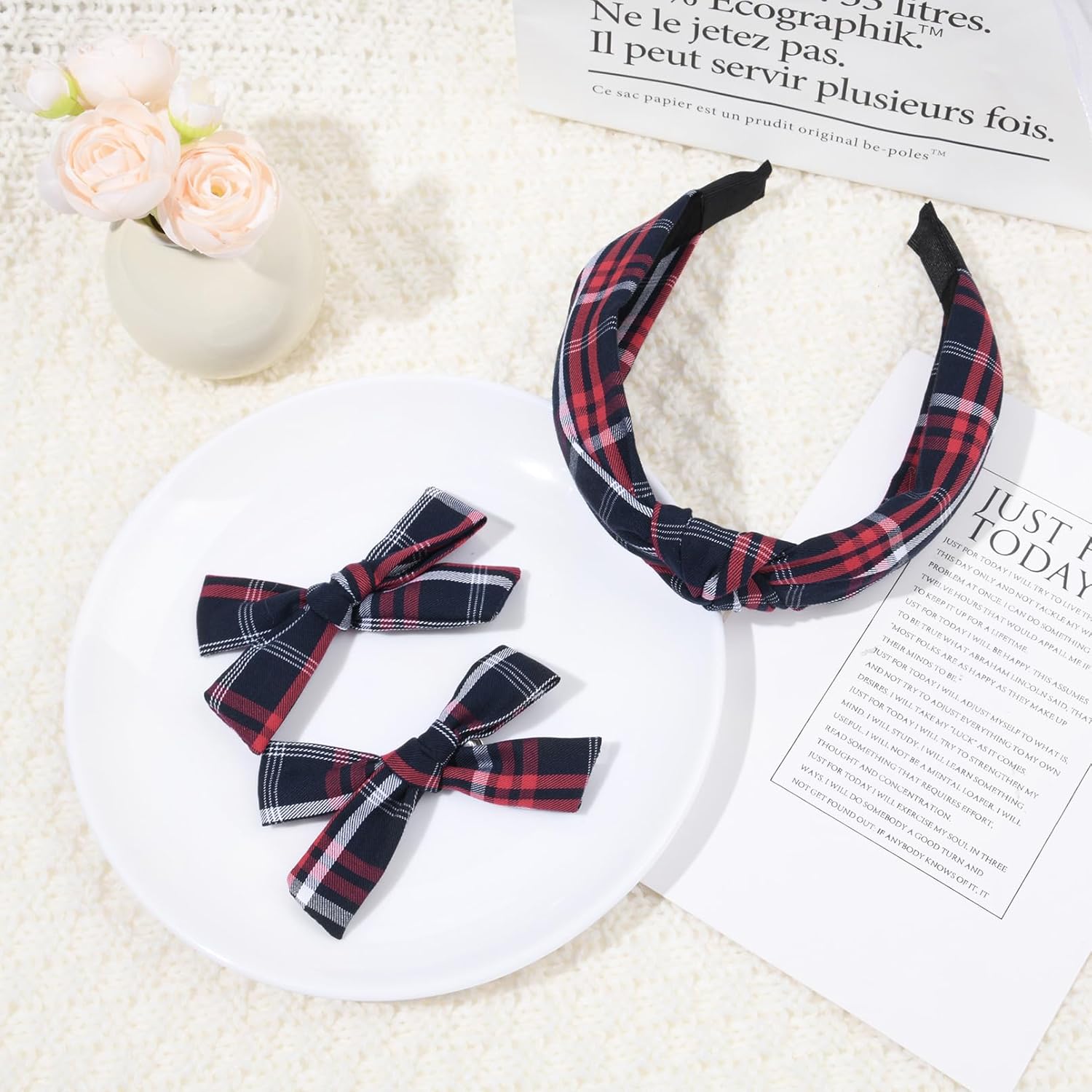 DEEKA School Uniform Plaid Hair Bows & Knotted Plaid Headband & Scrunchies Fable Hair Bow Set Alligator Clips for Toddler Girls Hair Accessories for Little School Girls (Dark Navy&Red) - Image 9