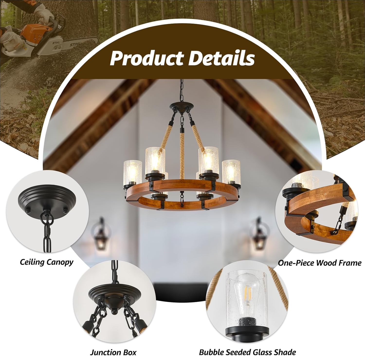 26" Wooden Wagon Wheel Chandelier, 6 Light Rustic Chandelier Light Fixture with Seeded Glass Shade, Farmhouse Pendant for Dining Room Kitchen and Entryway (One-Piece Solid Wood Frame Design)