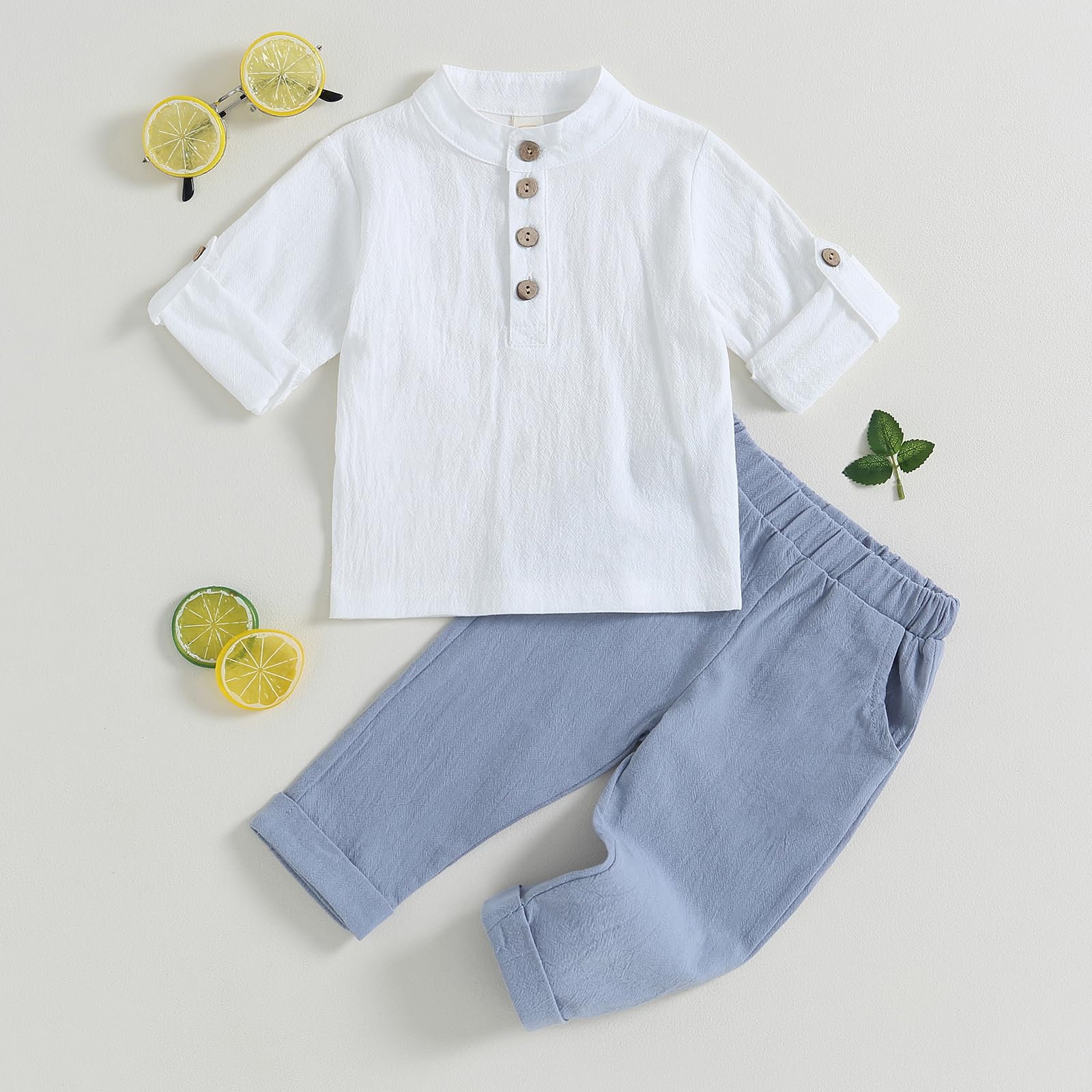 Karuedoo Toddler Baby Boy Clothes Cotton Linen Henley Shirts Button Down Long Sleeve Shirts Casual Pants Set (A-White Blue, 3-4 Years)