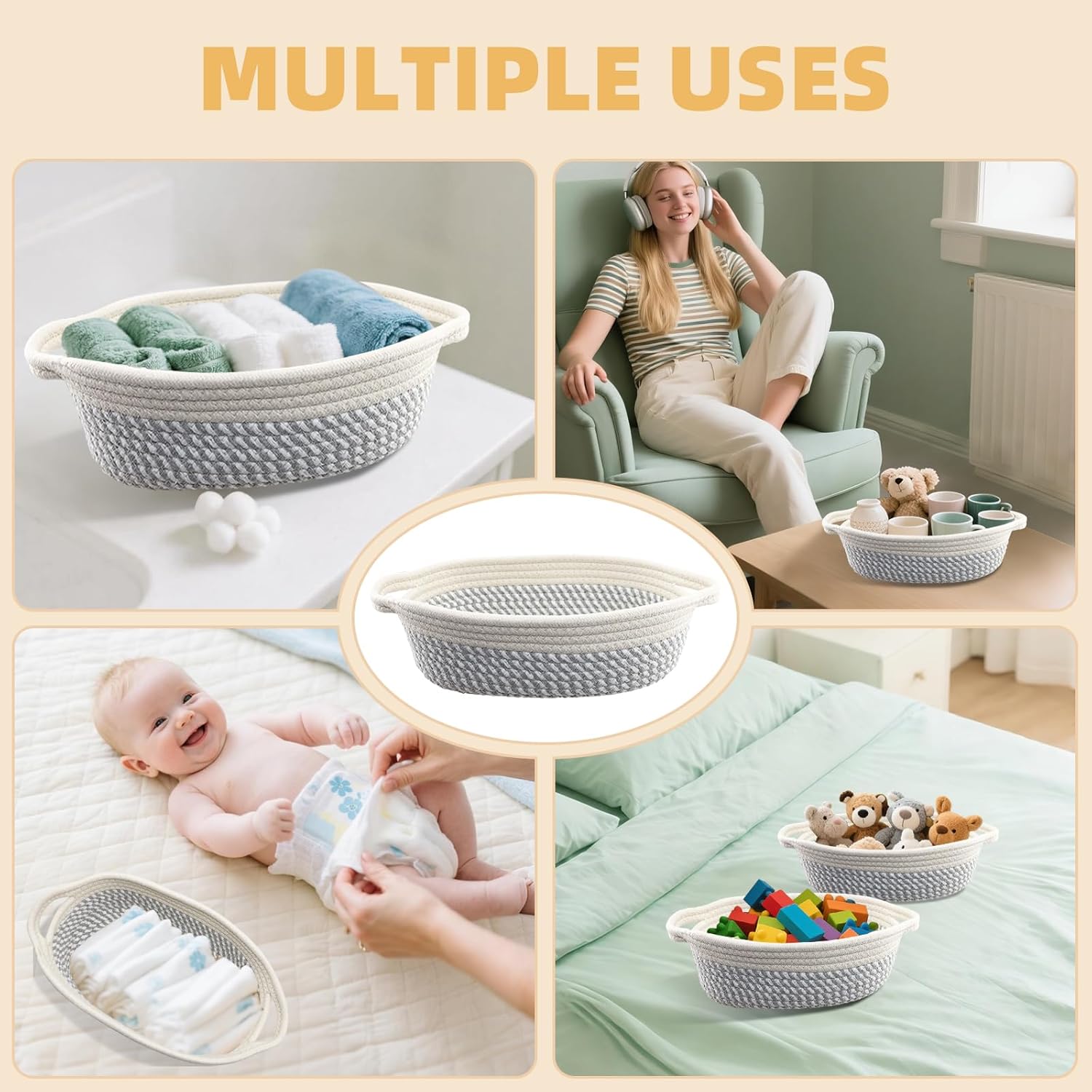 10 Pack Small Woven Basket with Gift Bags and Ribbons, Rectangle Storage Basket Set, Natural Cotton Rope Woven Baskets, Gift Basket for Baby Nursery, Toy Baskets, Bathroom Organization Bin