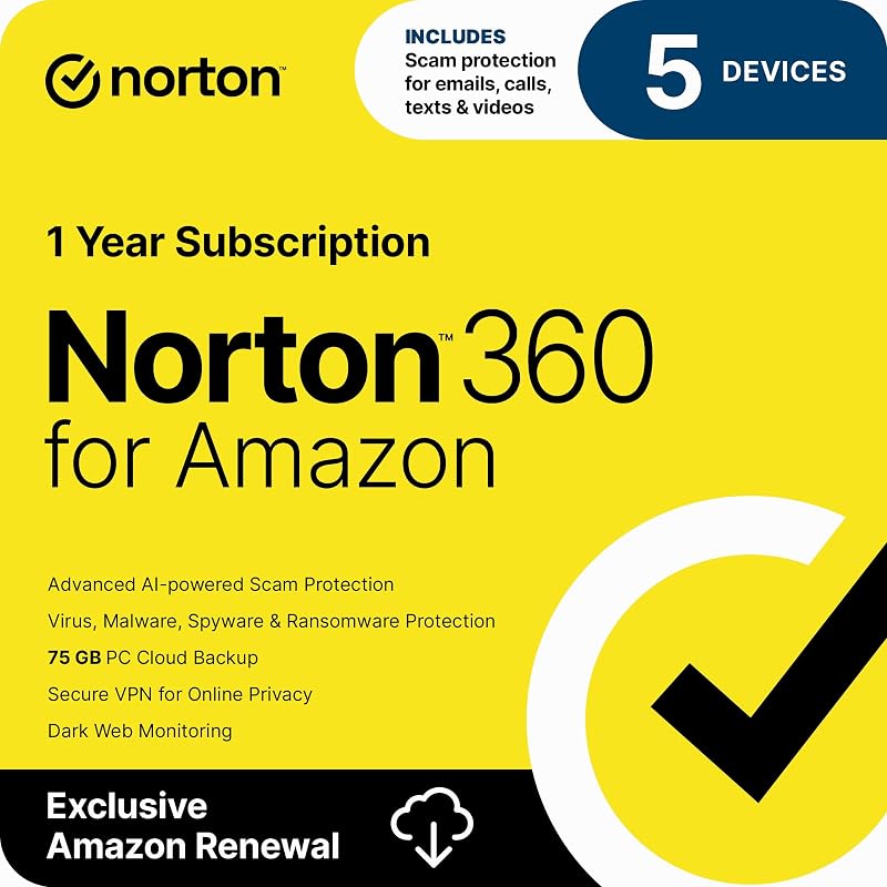 Norton 360 para Amazon, software antivirus para hasta 5 dispositivos con renovación automática: incluye Scam Protection Pro, VPN y Dark Web Monitoring [Suscripción]