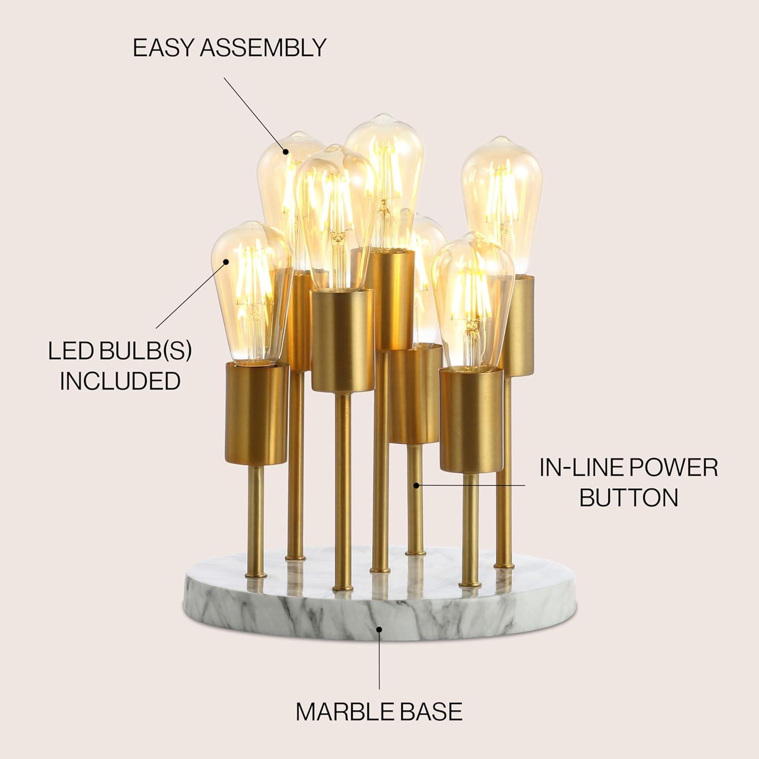 JONATHAN Y 13.5" Brass Gold 7-Light Modern Metal and Resin Accent Lamp, Mid-Century Cluster Table Lamp with Marble Base for Living Room, Bedroom, LED Bulbs Included JYL1060A