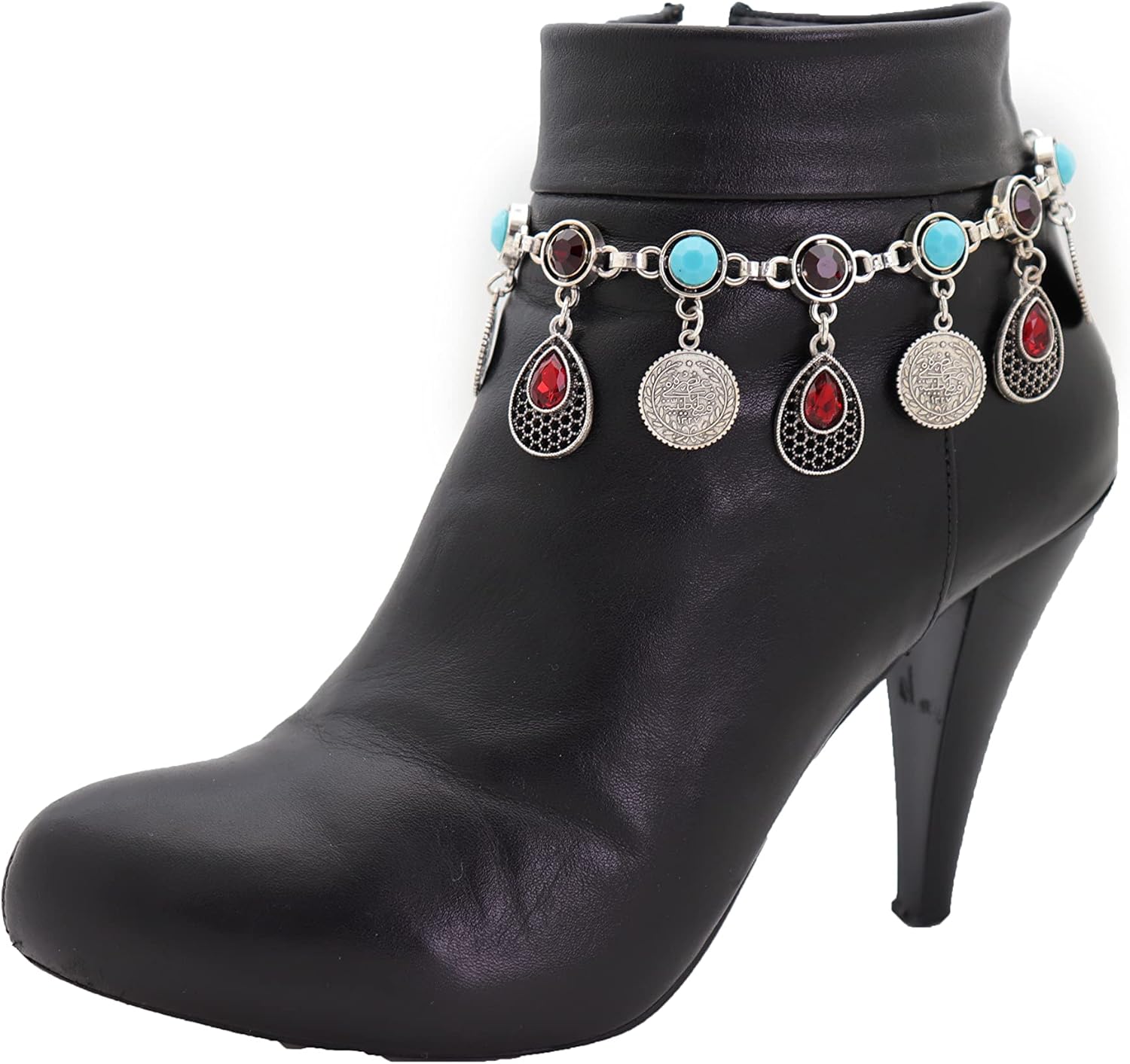 TrendyFashionJewelry Women Fashion Western Brown Boot Bracelet Chain Shoe Anklet Ethnic Turquoise Charm Silver Silver turquoise blue brown One size - adjustable size