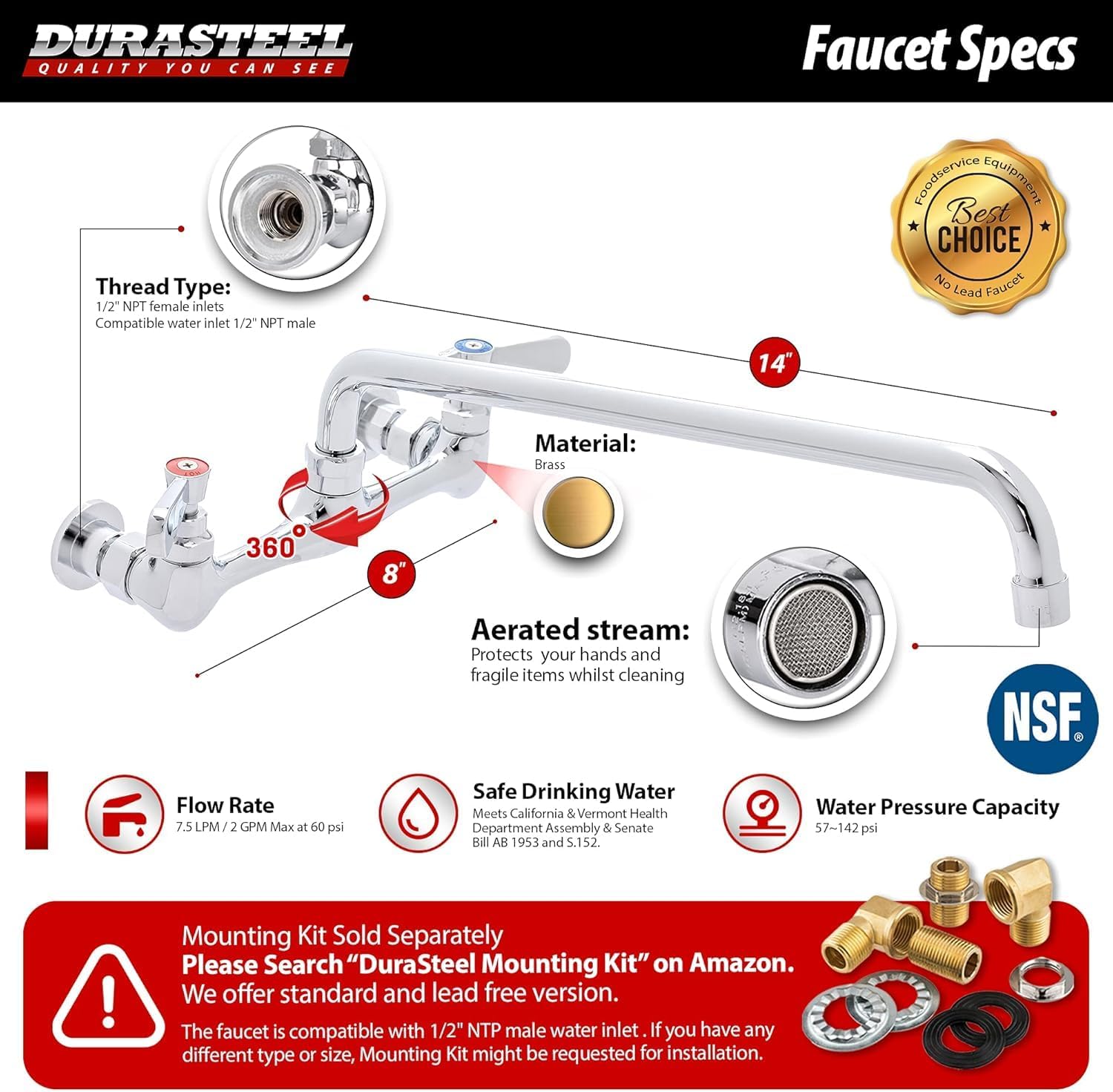 DuraSteel Commercial Sink Faucet - NSF No Lead 8” Center Commercial Wall Mount Faucet Kitchen with 14 Inch Swivel Spout - Lever Handle - Industrial Restaurant Kitchen Utility Prep Sink Mounted Faucets
