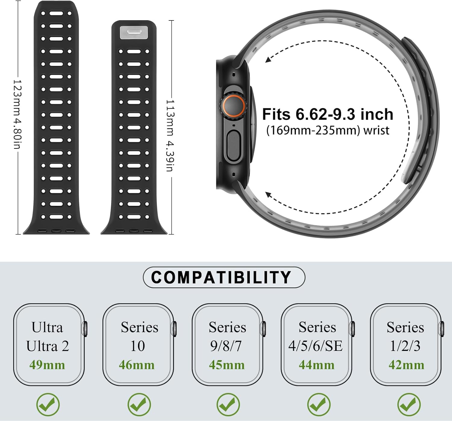 Amizee Compatible with Apple Watch Band 49/46/45/44/42/41/40/38mm Men, Silicone Breathable Magnetic Strap for iWatch Ultra 3/2/1 Series 11 10 9 8 7 6 5 4 SE3/2/1 (49/46/45/44/42mm, Black Gray) - Image 6