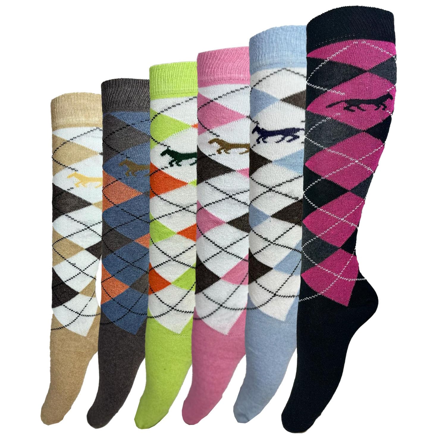 Vearz Women's Assorted (06 Pairs) Horse Design Argyle Socks Knee High Horse Riding Best Socks Uk 4-7 (Assorted (06 Pairs))