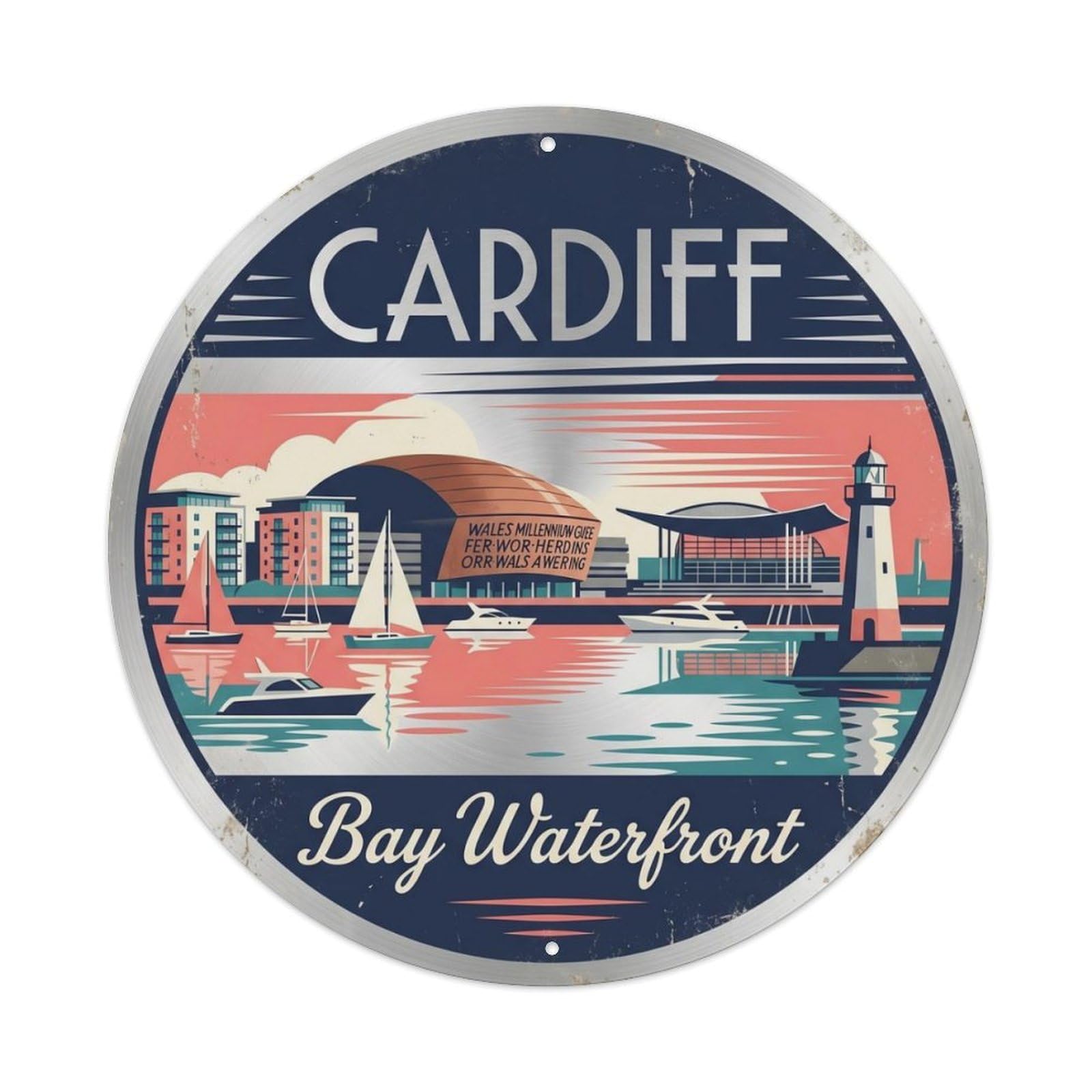 Fqcyn Style Vintage Travel Cardiff Bay Waterfront Metal Tin Sign Plaque Wall Decor For Cafe, Club Bar, Office, Home Garden Round Metal Poster 8X8inch