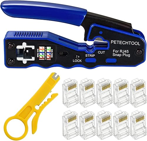 Kit de herramientas de crimpado RJ45, herramienta de engarzado Ethernet todo en uno, cortador pelacables para conectores Thrugh de paso Cat5e Cat6