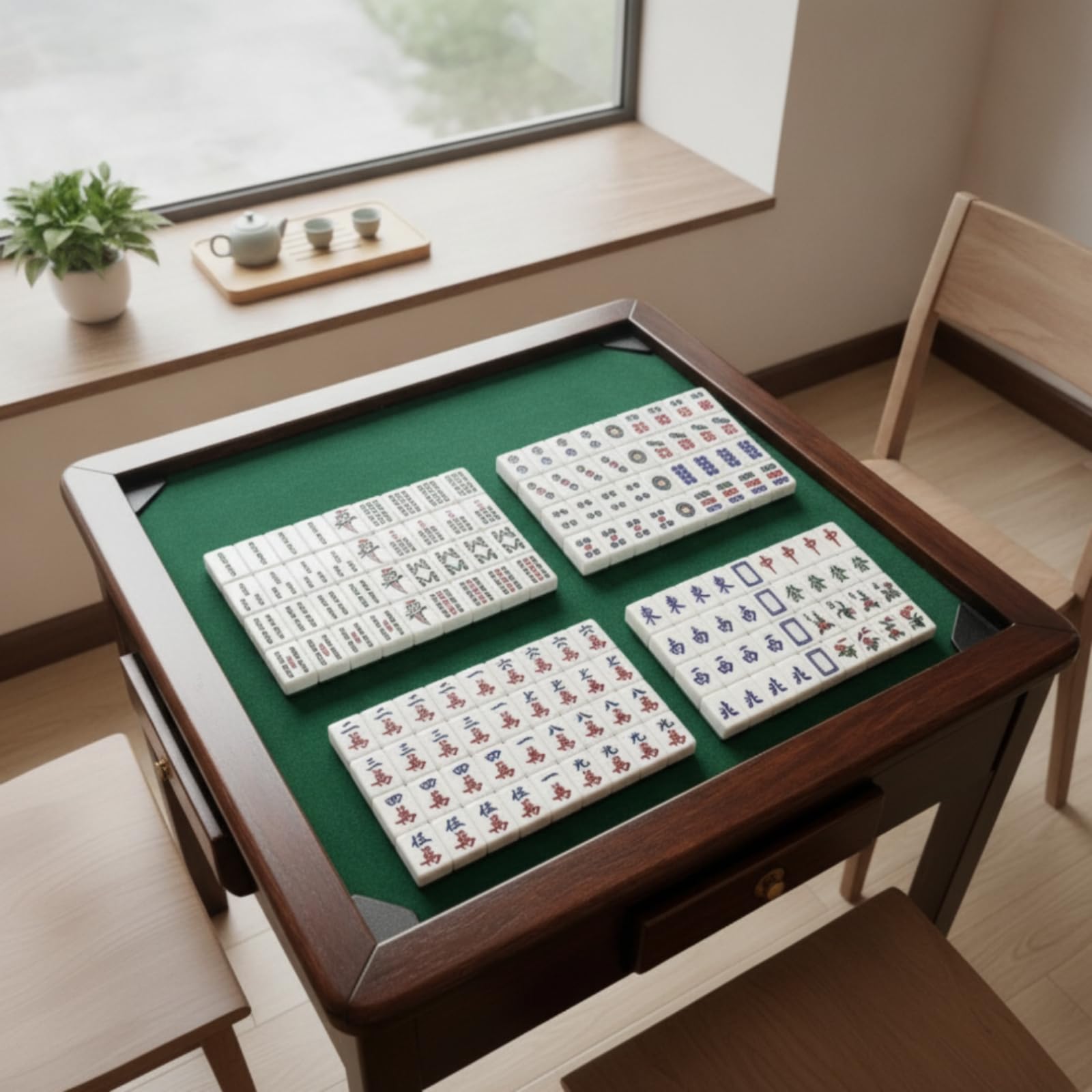 Hongkong-Mahjong-Set Blumensteine 37er-Mahjong-Set Rechteckig Gesellschaftsspiel, Array, Elfenbein Gelb, 7分牙黄 37 +皮盒