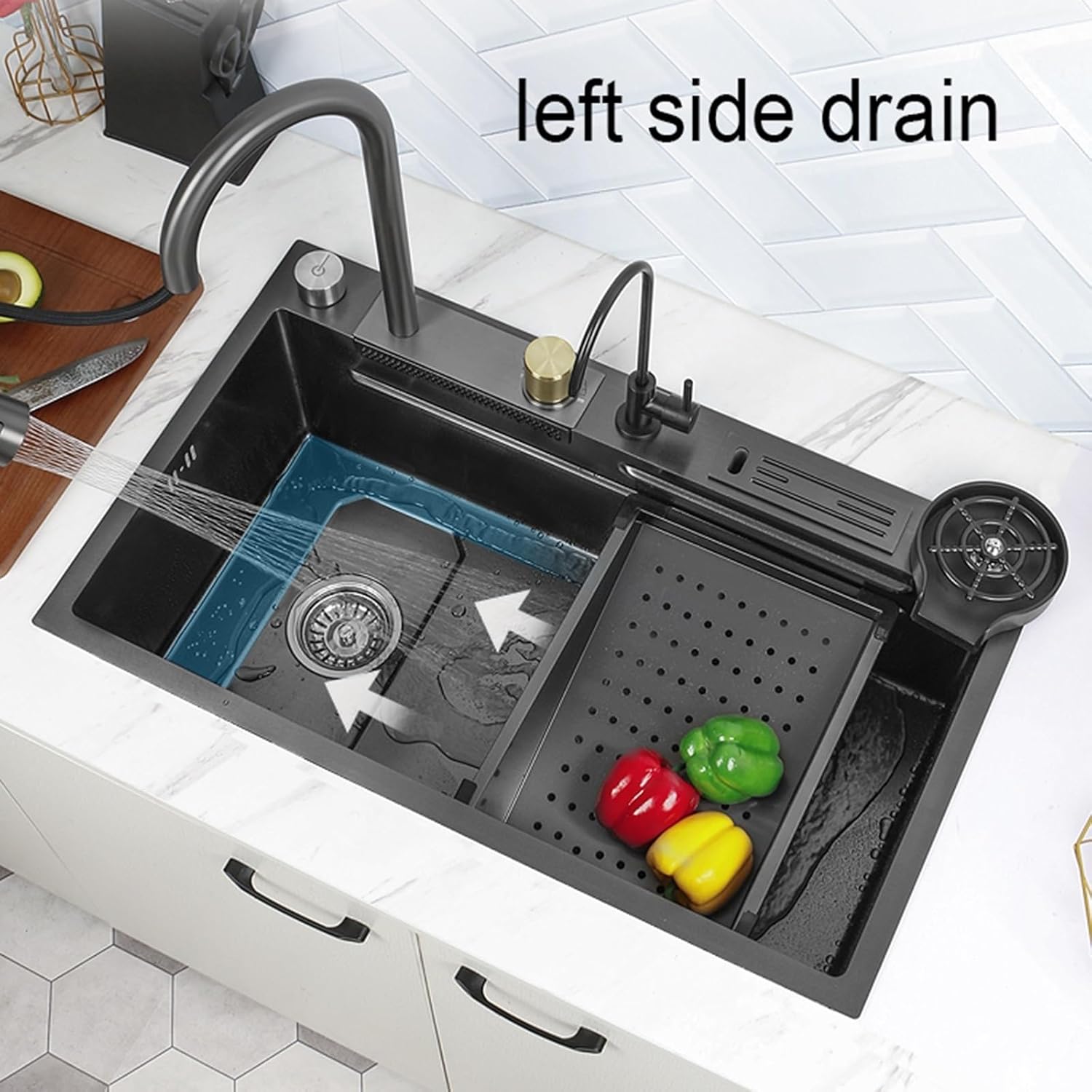 Multifunctional Kitchen Sink, Nano Waterfall Faucet Sink, Single Basin, with Pull-Out Faucet, Suitable for Bars, Rvs,D