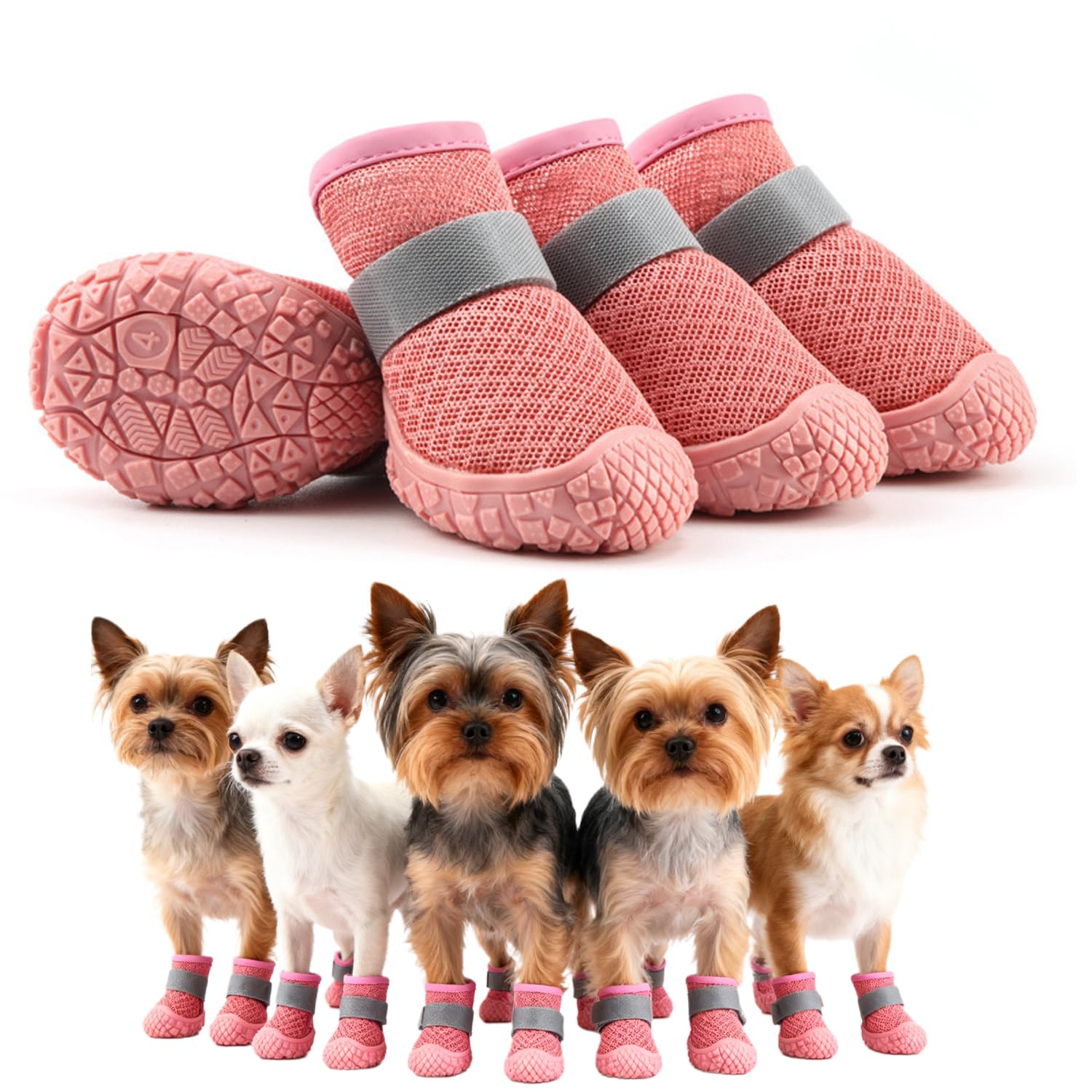 4-Piece Set of Small Dog Shoes Dog Boots for Injured Paws, Anti-Frost Snow Dogs Boots, Breathable Mesh Paw Protectors,Pink Adjustable Non-Slip for Walking Small 6-9KG Dogs(Paw Length Within 4.8cm)