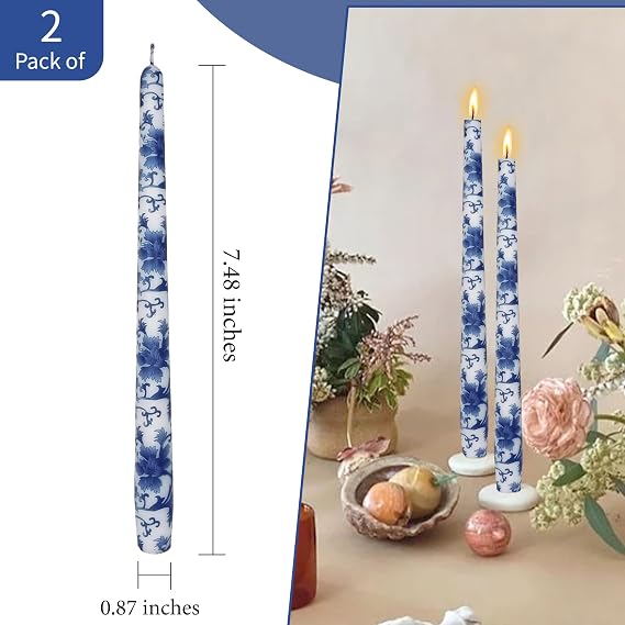 Blue and White Printed Candles Unscented Candlesticks 10 inch Hight Candle 2 PCS Handmade Taper Candle for Home Wedding Dinner Holiday Party