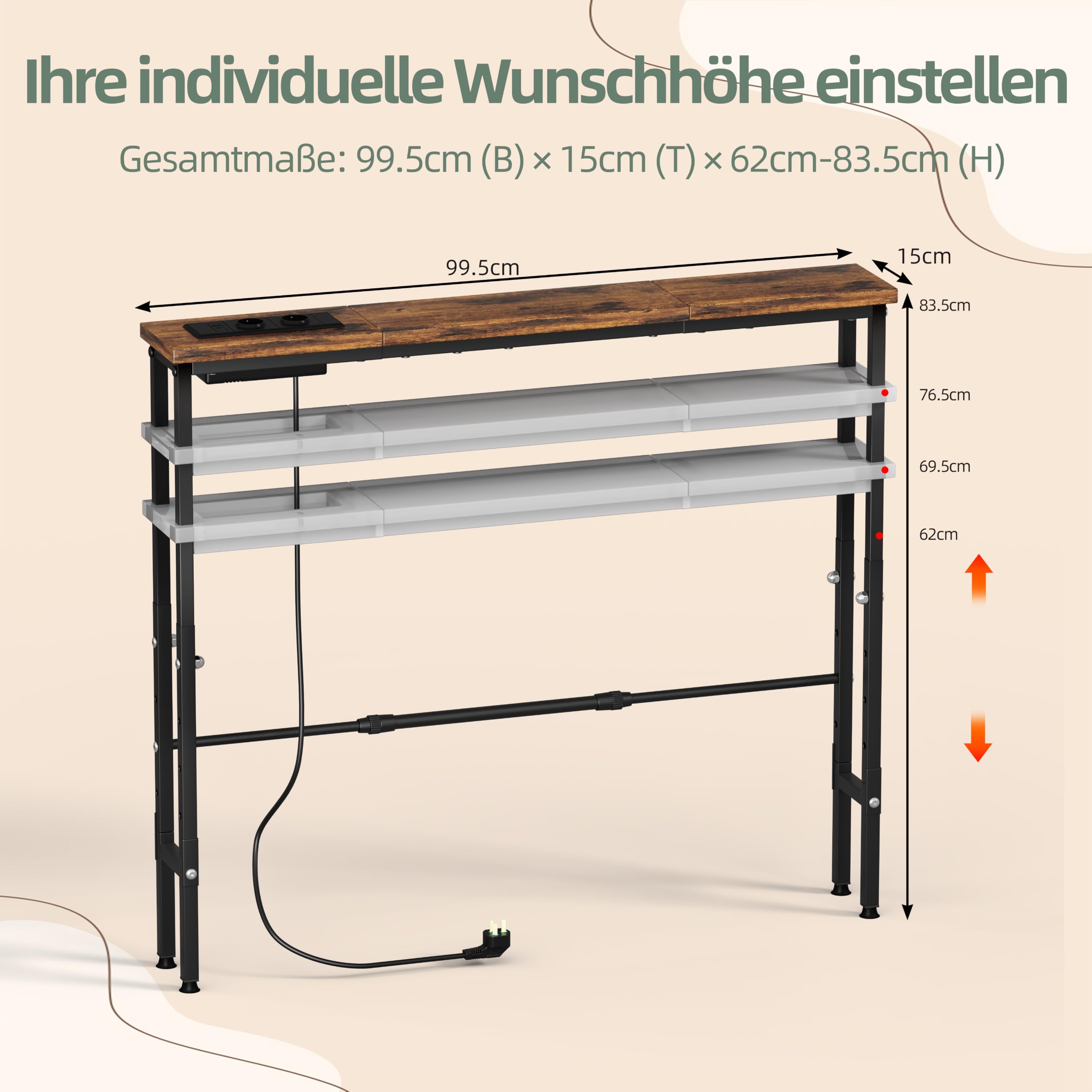 konsolentisch schmal mit Steckdose，Console Table,99.5 x 15 x 83.5CM