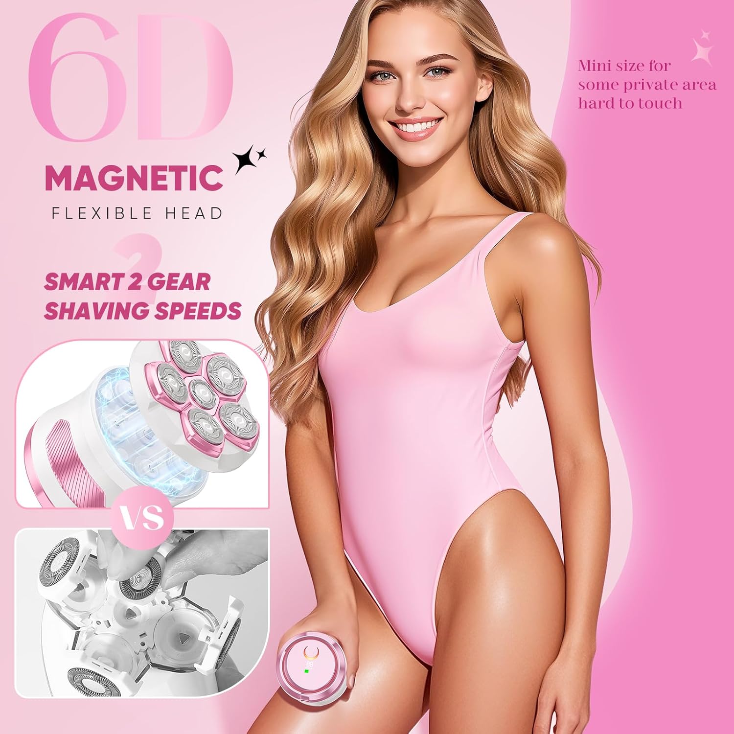 Electric Razors for Women Legs - Flawless Electric Shaver for Women with Magnetic Floating Head, Wet/Dry Hair Remover for Sensitive Skin, Easy to Use with Anti-Slip Strips, Pink