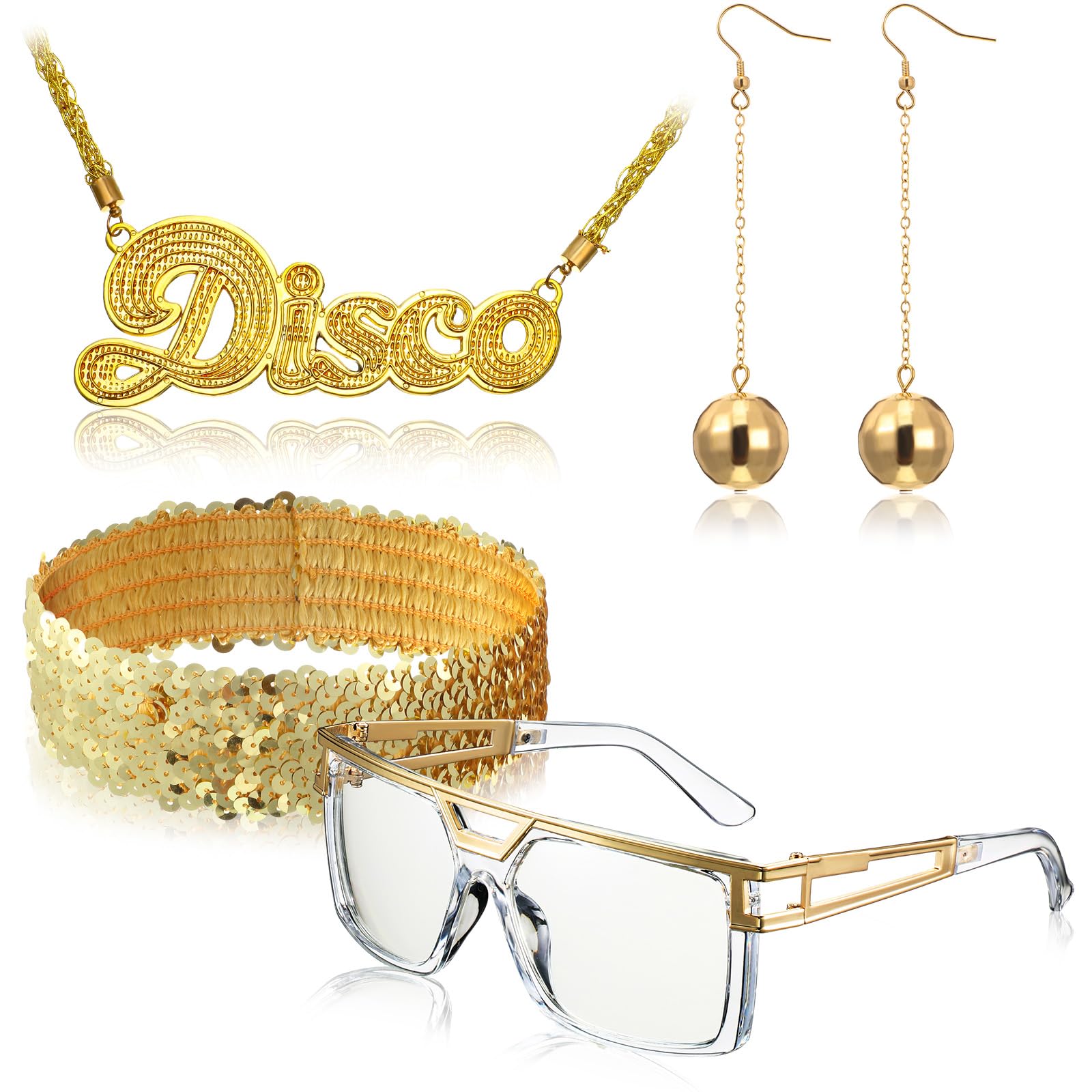 Hicarer 5 Pieces Disco Costume Accessory Set Include 1 Pair of Rock Disco Sunglasses, 2 Pieces Ball Earrings, Glitter Sequin Headband Sign Necklace for 50s, 60s and 70s Costume Accessories
