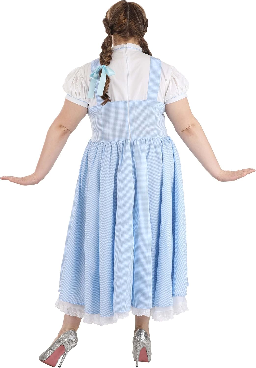 Womens Dorothy Halloween Costume | Adult Kansas Girl Blue Checkered Dress with Hair Bows