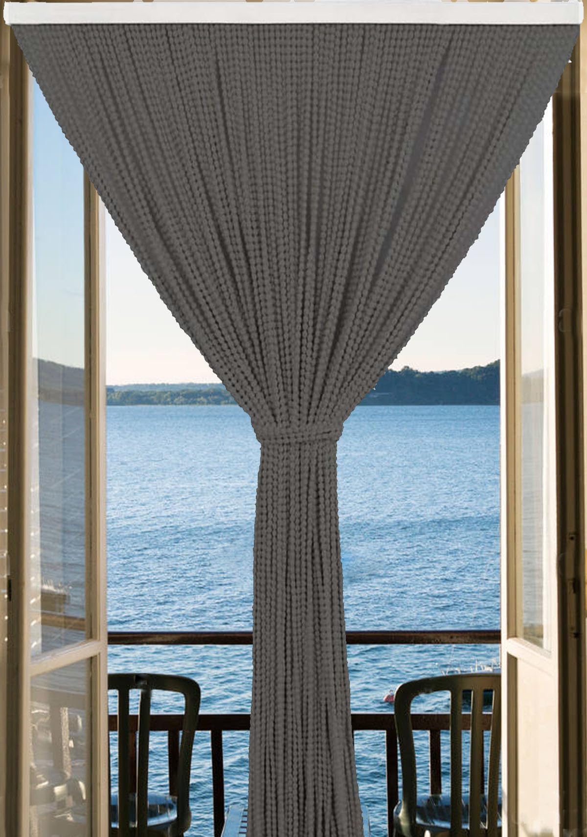 Generico Tenda Antimosche a Fili Regolabili con Pallini Morbidi a Pon Pon - Antitumore, Divisorio per Porte e Finestre con Telaio in PVC Viti e Tasselli Inclusi (GRIGIO, 100X220)