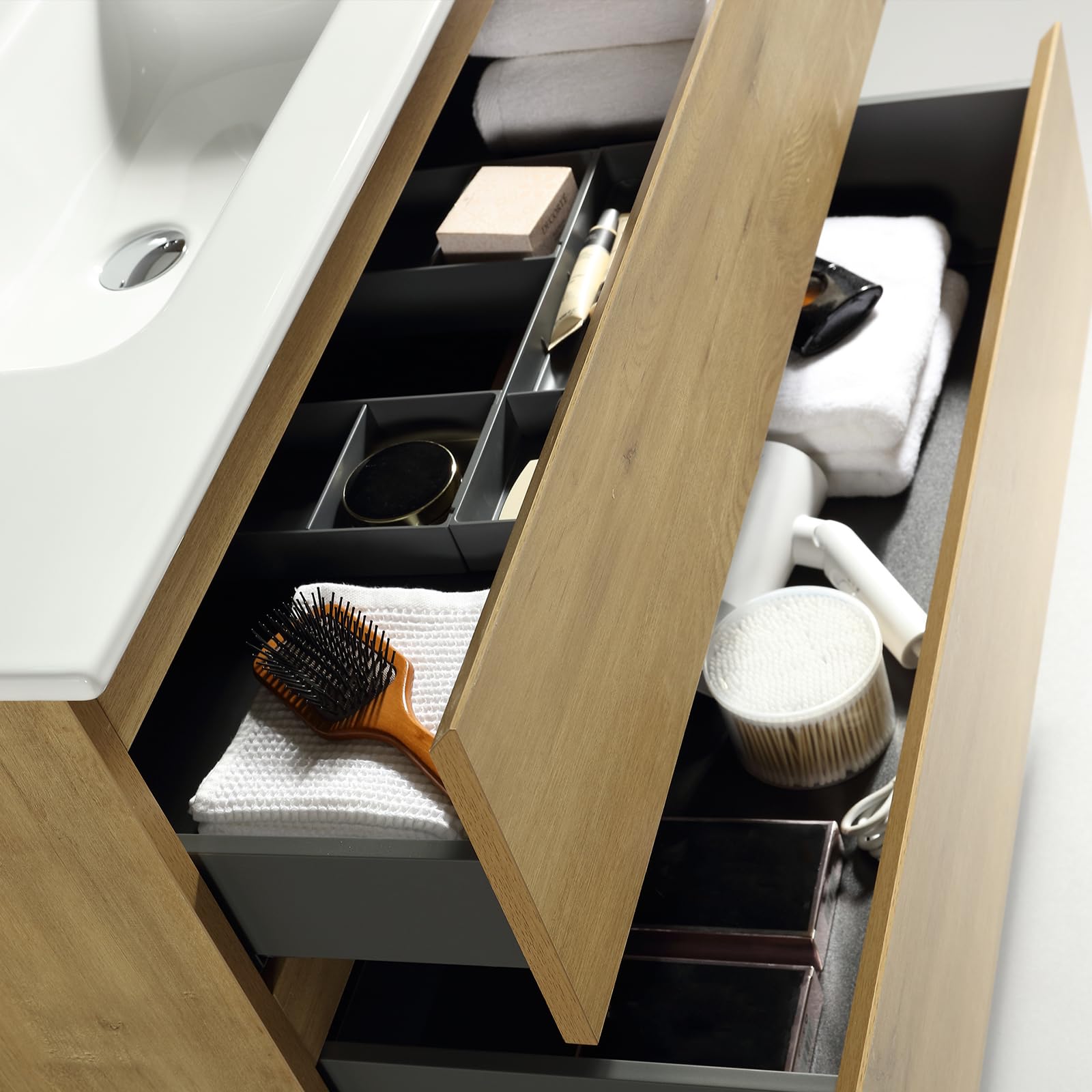 Alpenberger Badmöbel Set mit Waschbecken | Badezimmer Spiegel mit Beleuchtung | Badschrank Hochschrank | Hängeschrank Bad | Waschtisch mit Unterschrank 100cm (Vivento 100 Eiche Natur)