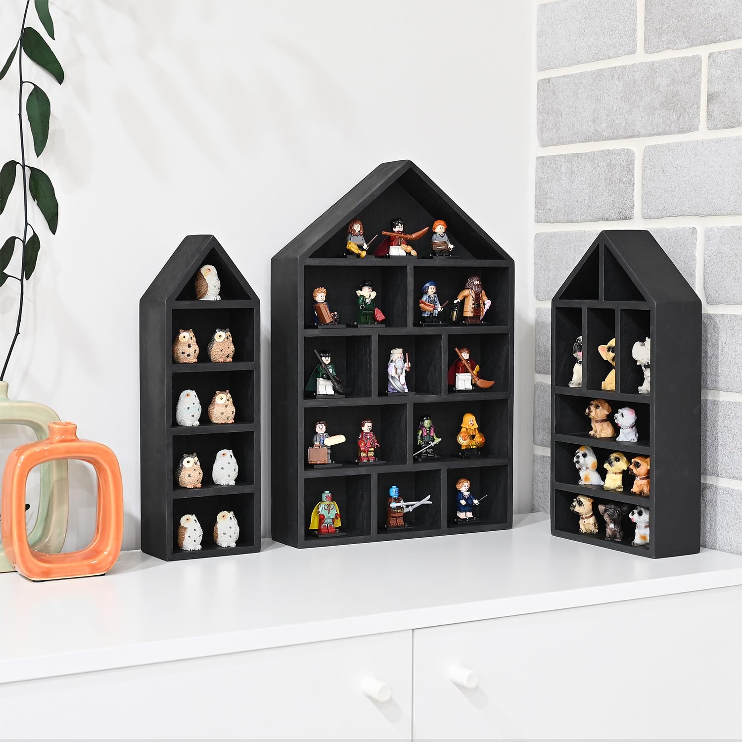 Ikee Design House-Shaped Wooden Shadow Cubby Box Display Shelf Organizer Storage Shadow Box for Mini Figures, Set of 3, Wash White Color, 10 W x 2 1/4 D x 15 H in