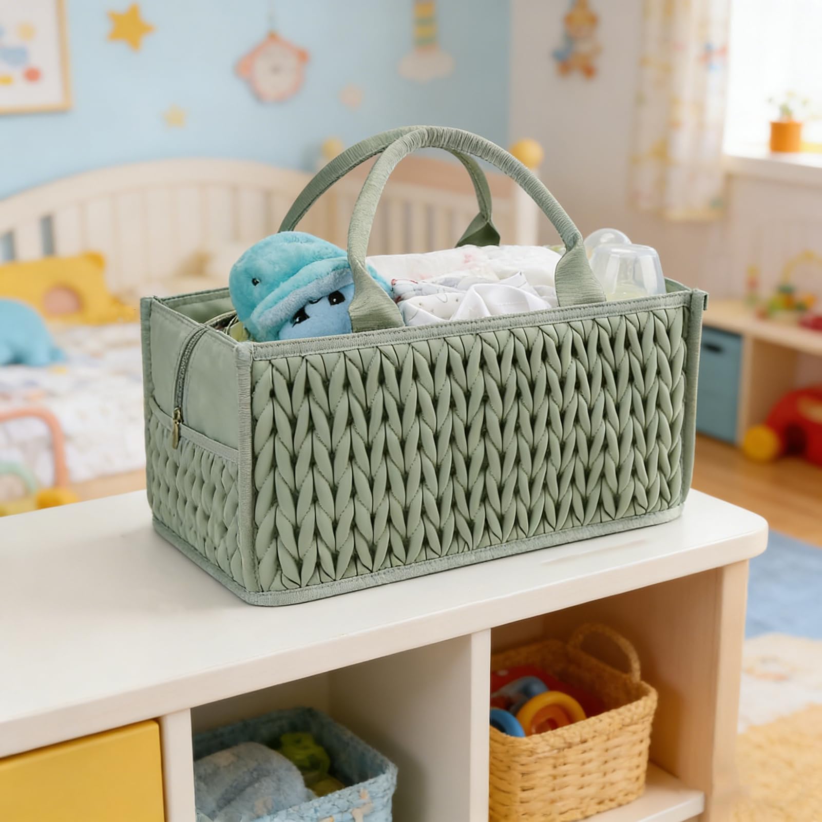 Organizador trenzado acolchado para pañales, cesta de almacenamiento para guardería con compartimento, asa portátil, toallitas para bebé, bolsa de pañales