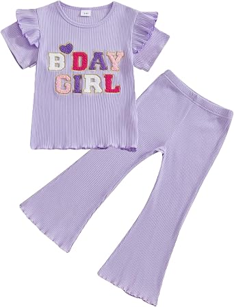 Babieshouse Toddler Baby Girl Birthday Outfit Ruffle Ribbed Short Sleeve T-Shirt Tops Flare Pants Bell Bottoms Clothes Set