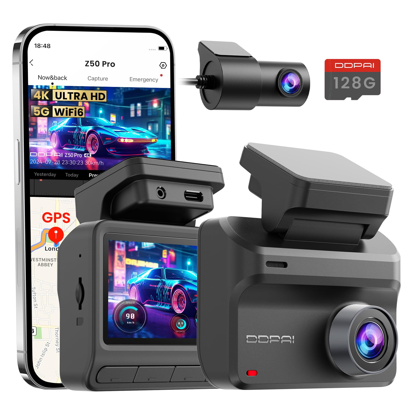 DDPAI 4K Dash Cam Front and Rear, Real 4K+1080P Dash Camera for Cars, Included 128GB Card, Built-in 5G WiFi6 GPS, 3'' IPS, 48H Parking Mode, Night Vision, ADAS, Loop Recording, Z50 Pro