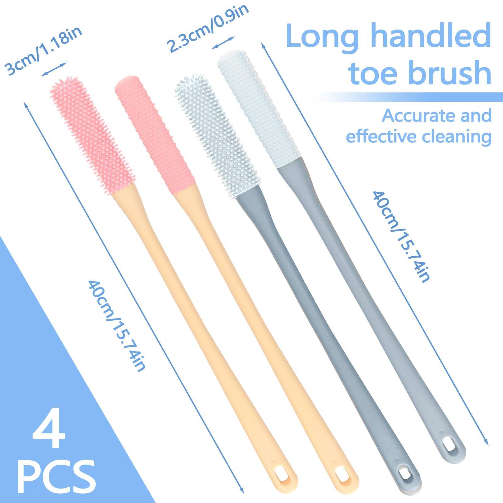 Huakaile 4 Pack Toe Cleaning Brush Set, Silicone Foot Scrubber in Shower with Long Handle - Image 2