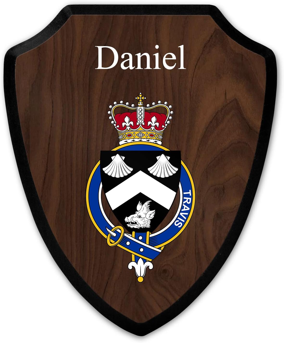 HARD EDGE DESIGN Family Coat of Arms Heritage Shield Plaque, Welsh Garter Family Talley, Personalized Customizable Text or Name with Dark Wood Background