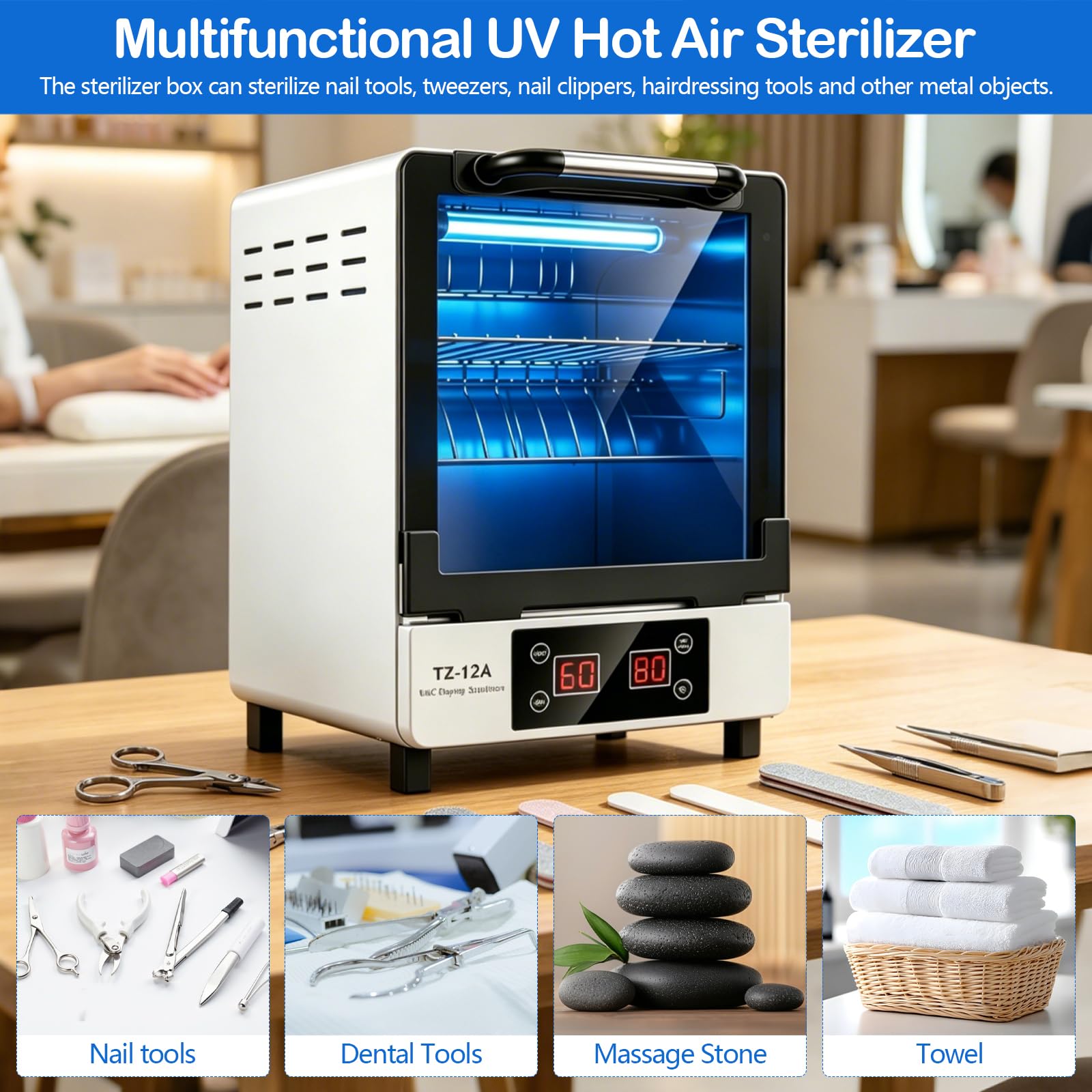 UV Heißluftsterilisator, 12L Sterilisator für Nagelwerkzeuge, UV Heißlufttrocknung 45-80°C, 0-60Min Digital Timer, Edelstahl Desinfektionsschrank für Nagelzubehör, Friseur, Kosmetikstudio
