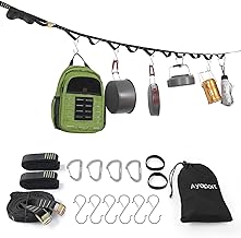 Ayaport Campsite Storage Strap Tent Camping Tree Hanging Organizer with 4 Carabiner Hooks 6 Stainless Steel S Hooks & 20 Separated Loops, Camping Set Travel & Outdoor Camping Gear