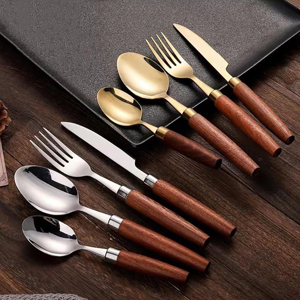 TWEE Wood Gold Silverware Set Flatware Set 18/10 Stainless Steel Wooden Handle 48 Pieces Service for 12 Dishwasher Safe
