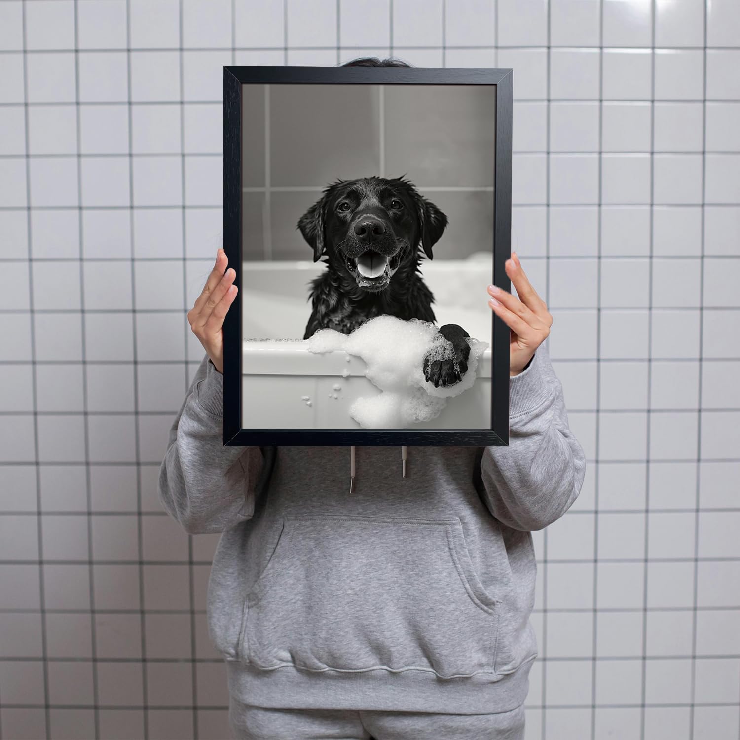 ARKZSHO Black and White Dog Bathroom Wall Art, Funny Labrador in Bathtub Canvas Print Poster, Cute Animal Wall Decor Picture for Bathroom, Restroom, or Laundry Room (Black Wood Framed 16''x12'')