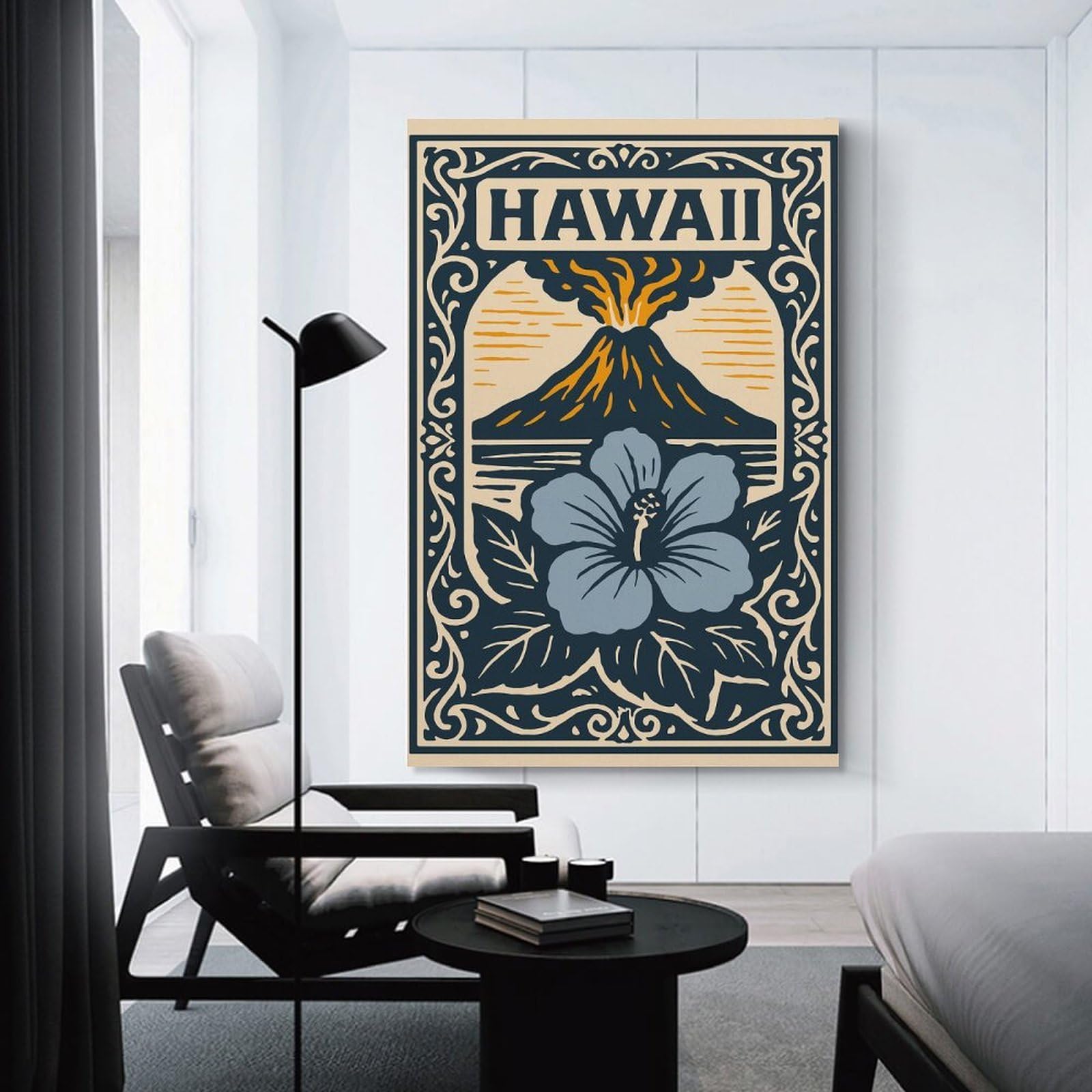 Junmoney Hawaii Volcano And Hibiscus Illustration Home Decor Wall Art, 24x36inch(60x90cm), for Apartment Walls, Studios Or Work Areas, Decorative Canvas Decor for Home Updates