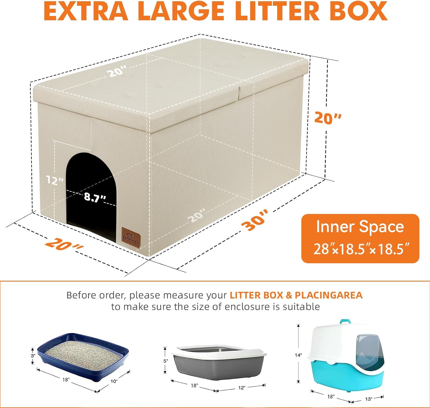 Zerbuger 3-in-1 Cat Litter Box Enclosure for Odor Control, Hidden Litter Box Furniture Cabinet Ottoman with Flip-Up Lid, Multi-Functional Bench with Storage Footrest, Dog Proof (Cream, X-Large)