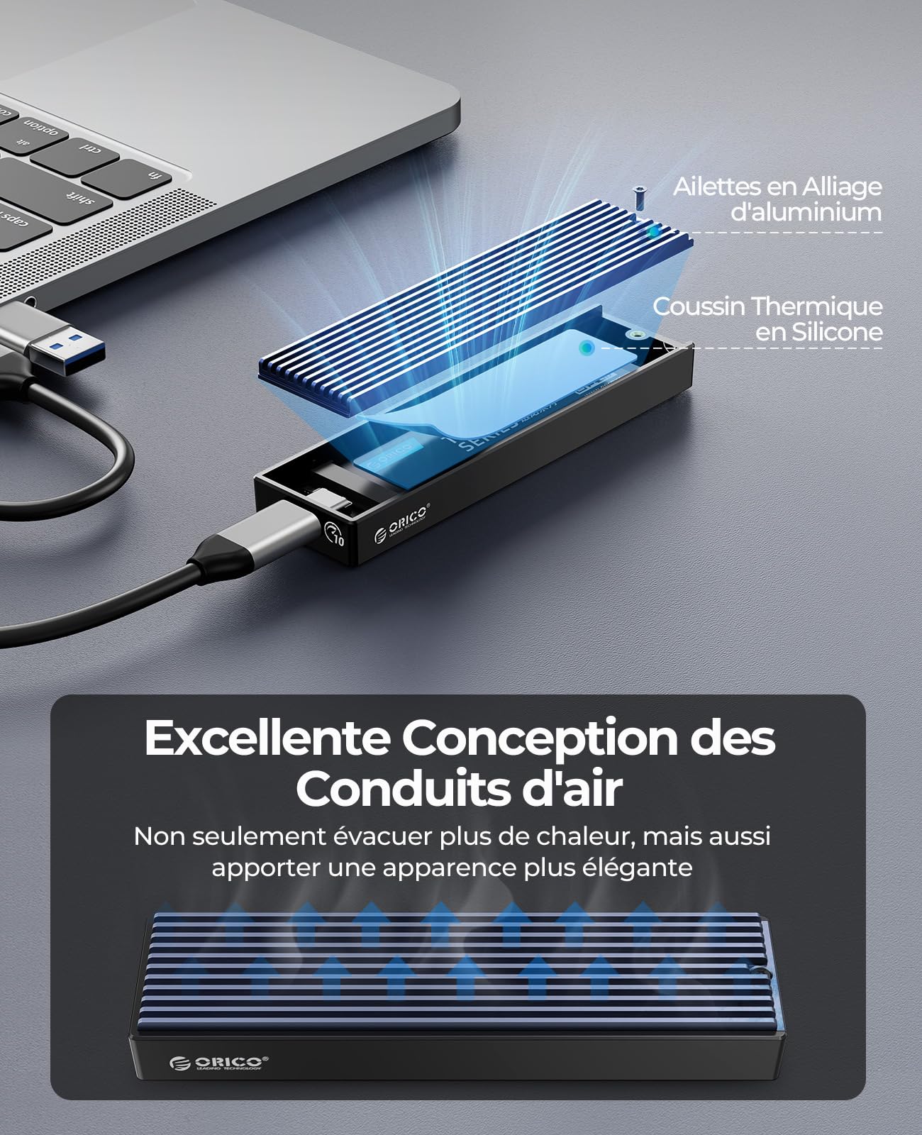 ORICO Boîtier SSD M.2 NVMe 10Gbps USB-C Adaptateur Externe USB3.2 Gen2 pour M.2 PCIe NVMe M-Key 2230/2242/2260/2280