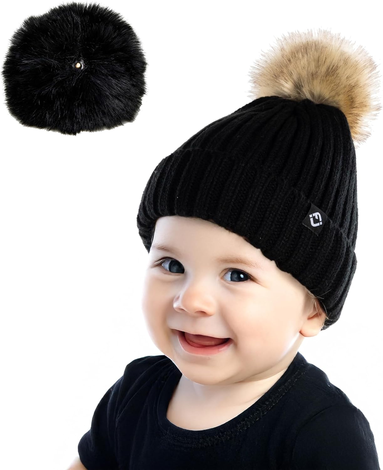 Funky Junque Knit Baby Beanie – Detachable Pom Pom Winter Hat for Infants 0–12 Months, Soft Warm Infant Beanies Boys & Girls