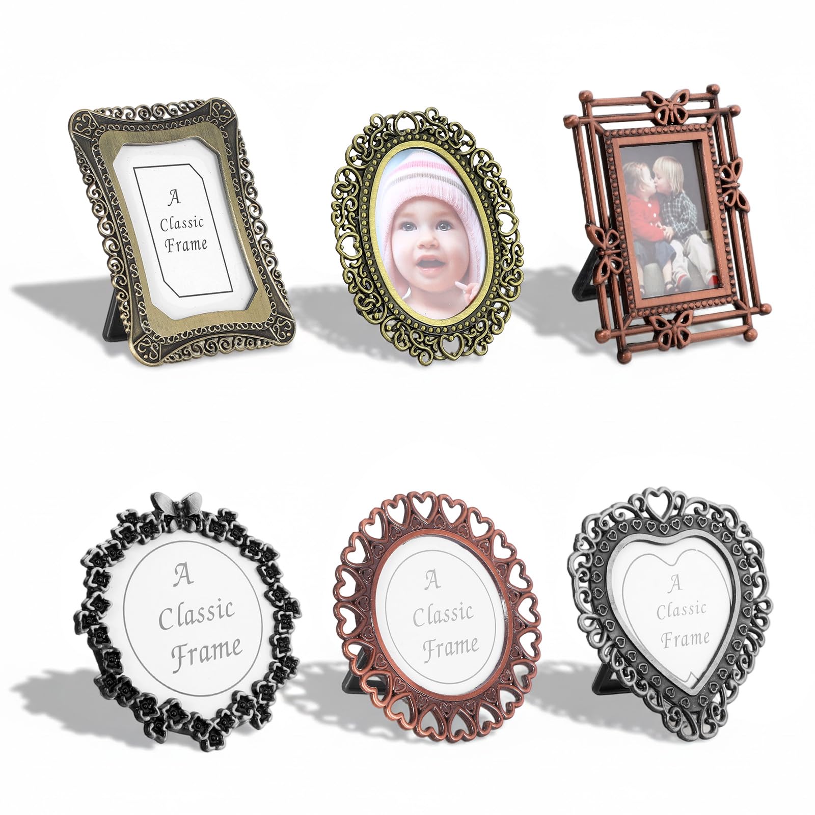 Ouligay 6PCS Vintage Mini Photo Frames Set 1inch Small Metal Picture Frames Assorted Antique Tiny Photo Frame for DIY Tabletop and Wall Display Old Fashioned Photoes
