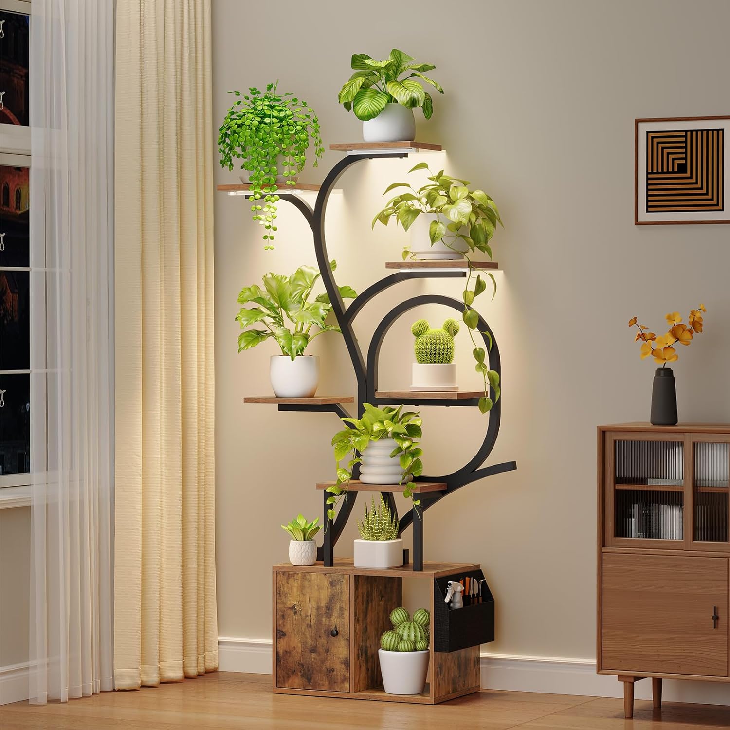 Plant Stand Indoor with Grow Lights, 9-Tier Corner Plant Holder with Cabinet, Tall Indoor Plants Display Rack, Adjustable Brightness, for Living Room, Patio, Rustic Brown PSHR157E01