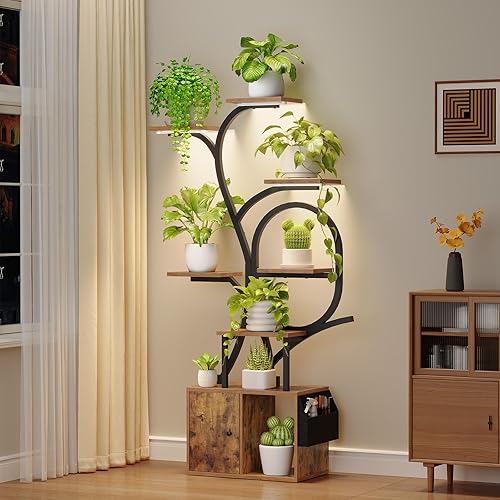 Soporte para plantas de interior con luces de cultivo, soporte de esquina de 9 niveles con gabinete, estante alto para plantas de interior, brillo