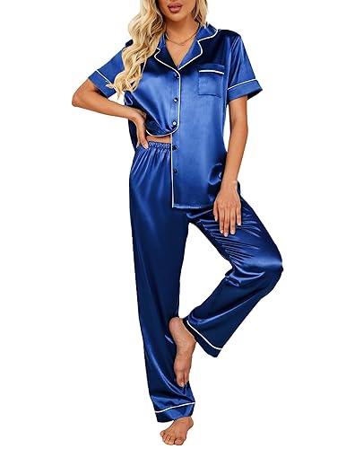 Ekouaer Silk Satin Pajamas Set Women Short Sleeve Sleepwear Soft