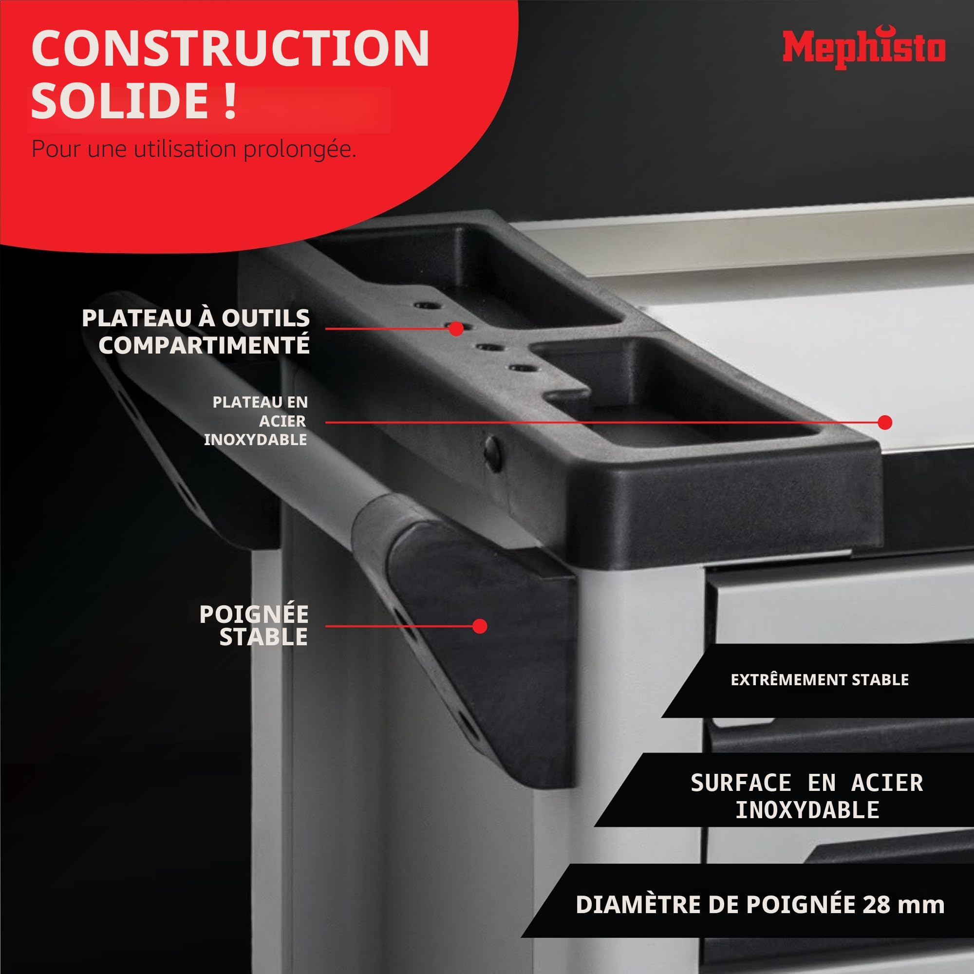 Mephisto XXL Wagon Outils Chariot Avec 7 Tiroirs Davon 7 Avec Outil En Soft Marqueterie En Carbon-Look Rempli Tiroirs Zzgl. Fixation supplémentaire avec Clé Réglable