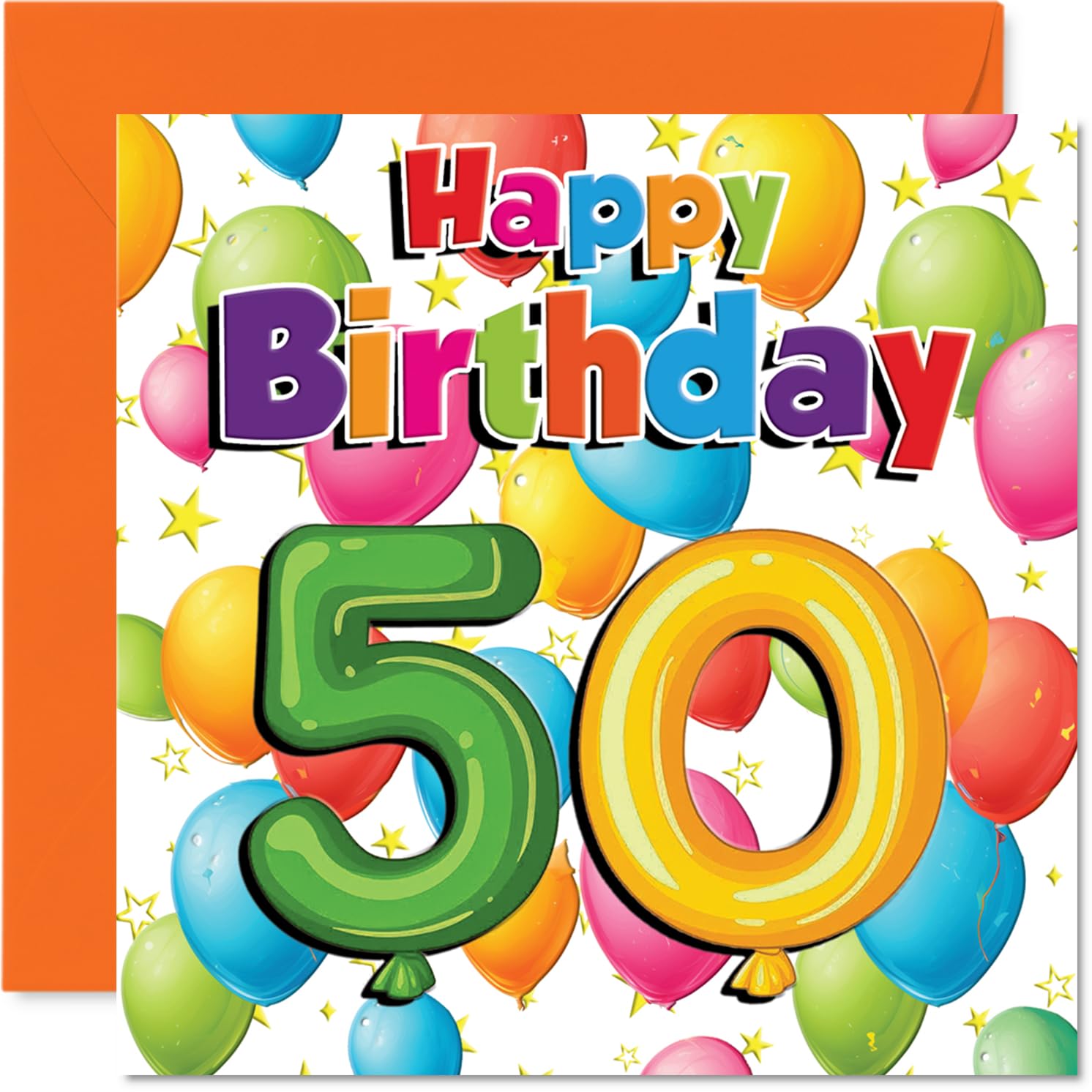 Milestone 50th Birthday Card - Bursting with Birthday Cheer - Vibrant Balloons and Stars Pop in a Multicolour Design - 145mm Square, Envelope Included