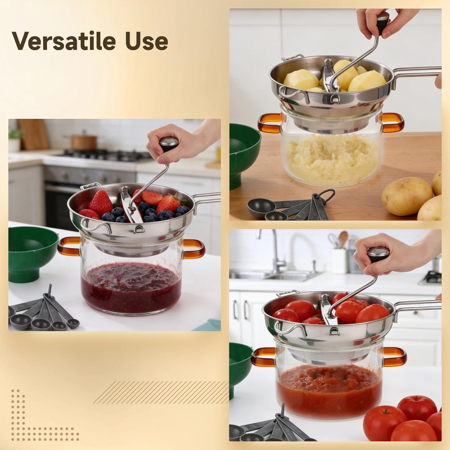 Stainless Steel Food Mill, 3 Discs Included, Hand Crank Food Mill, Funnel, Spoon Set, for Tomato Sauce, Jams, Potatoes