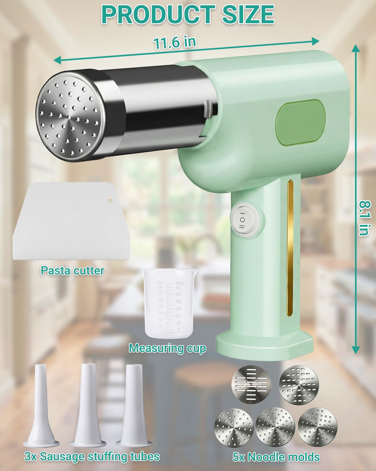 Macchina per la pasta, macchina elettrica portatile per pasta, riempitrice per salsicce, macchina per noodle senza fili all-in-one, con stampi per modellare gli accessori (verde)