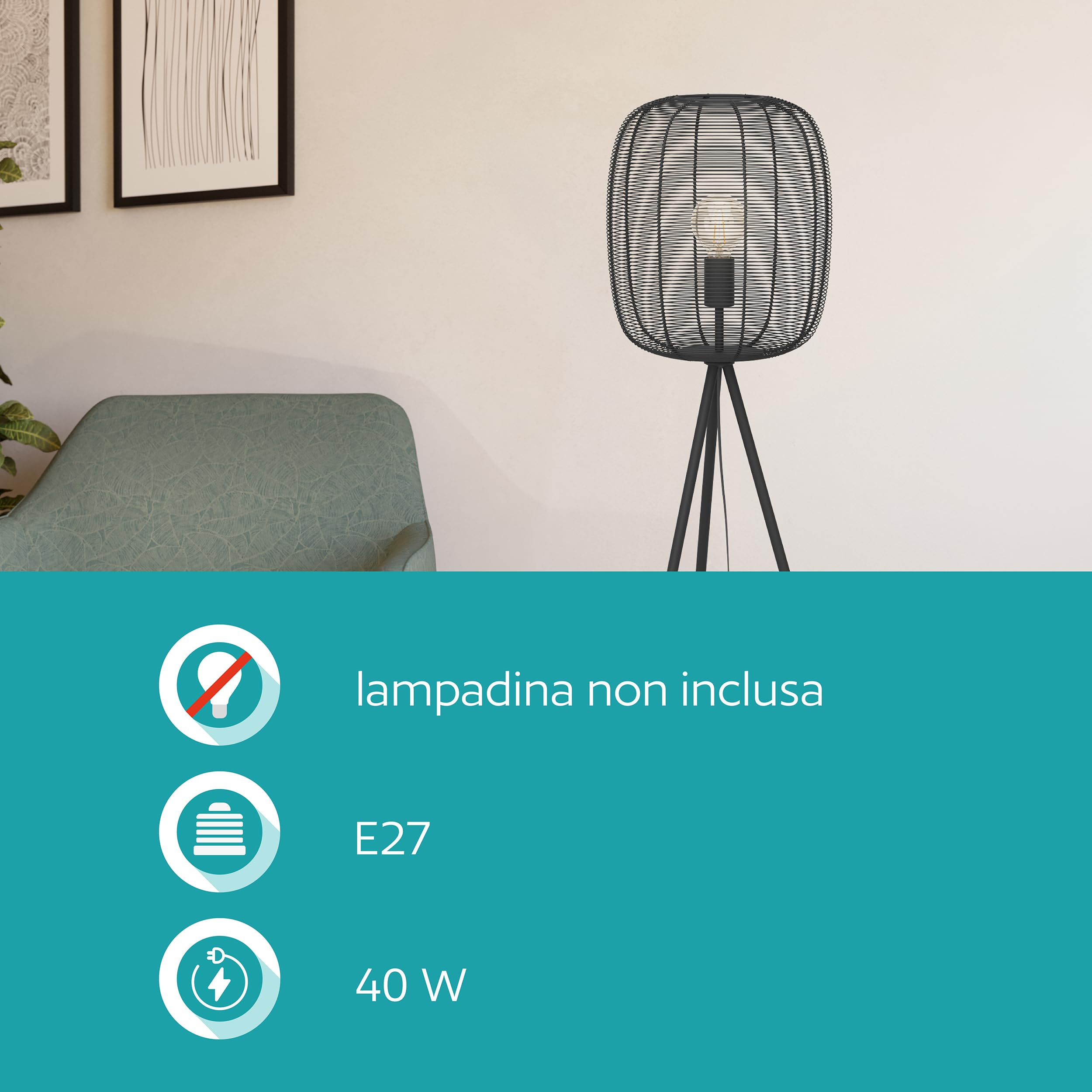 Eglo Rinroe - Lampada da terra con treppiede, soggiorno, industriale, in | metallo di colore nero, attacco E27