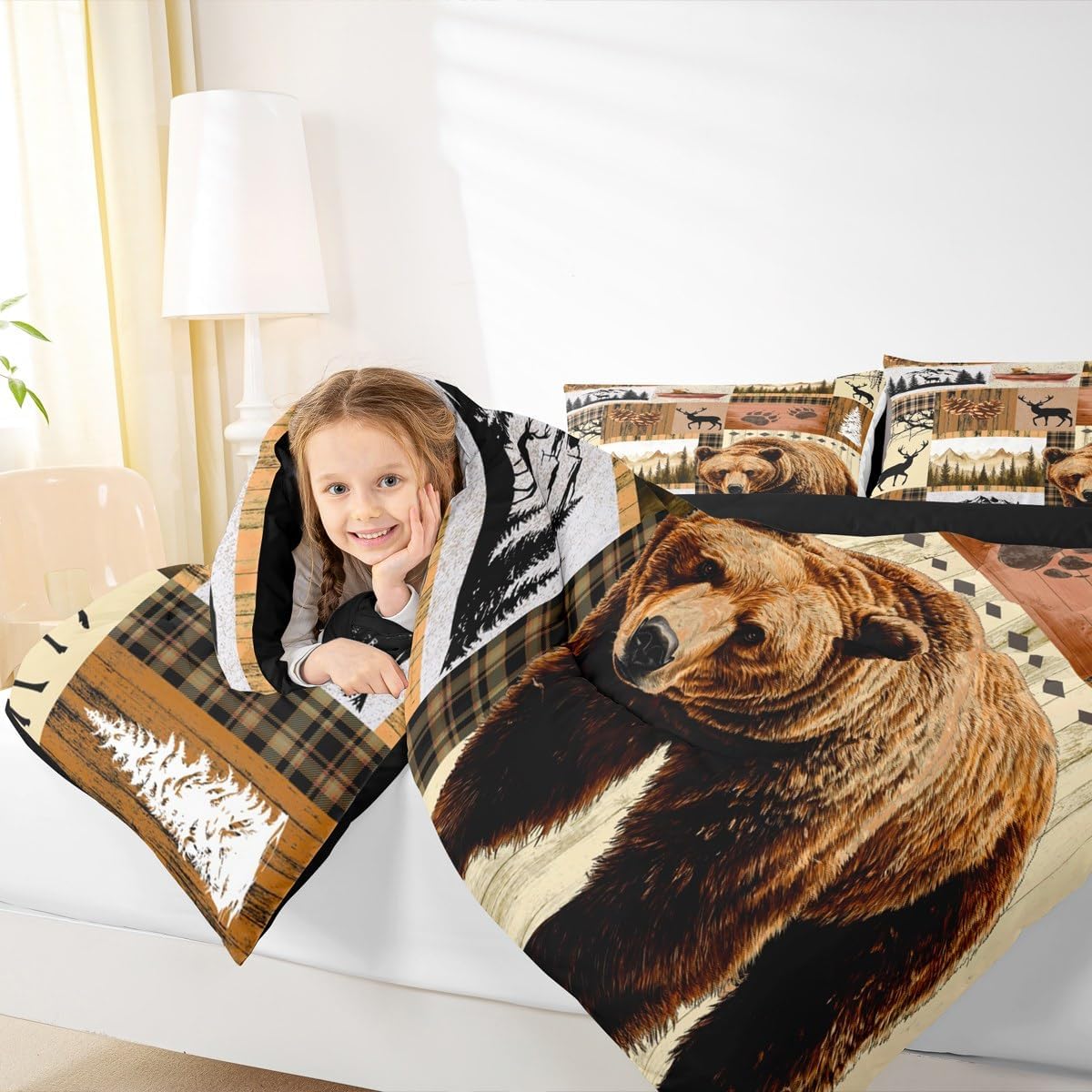 Feelyou Rustic Bear Bedding Set Wildlife Hunting Theme Comforter Set for Kids Boys Girls Deer Elk Comforter Brown Plaid Quilt Set with 2 Pillowcases 3Pcs Bedding Queen