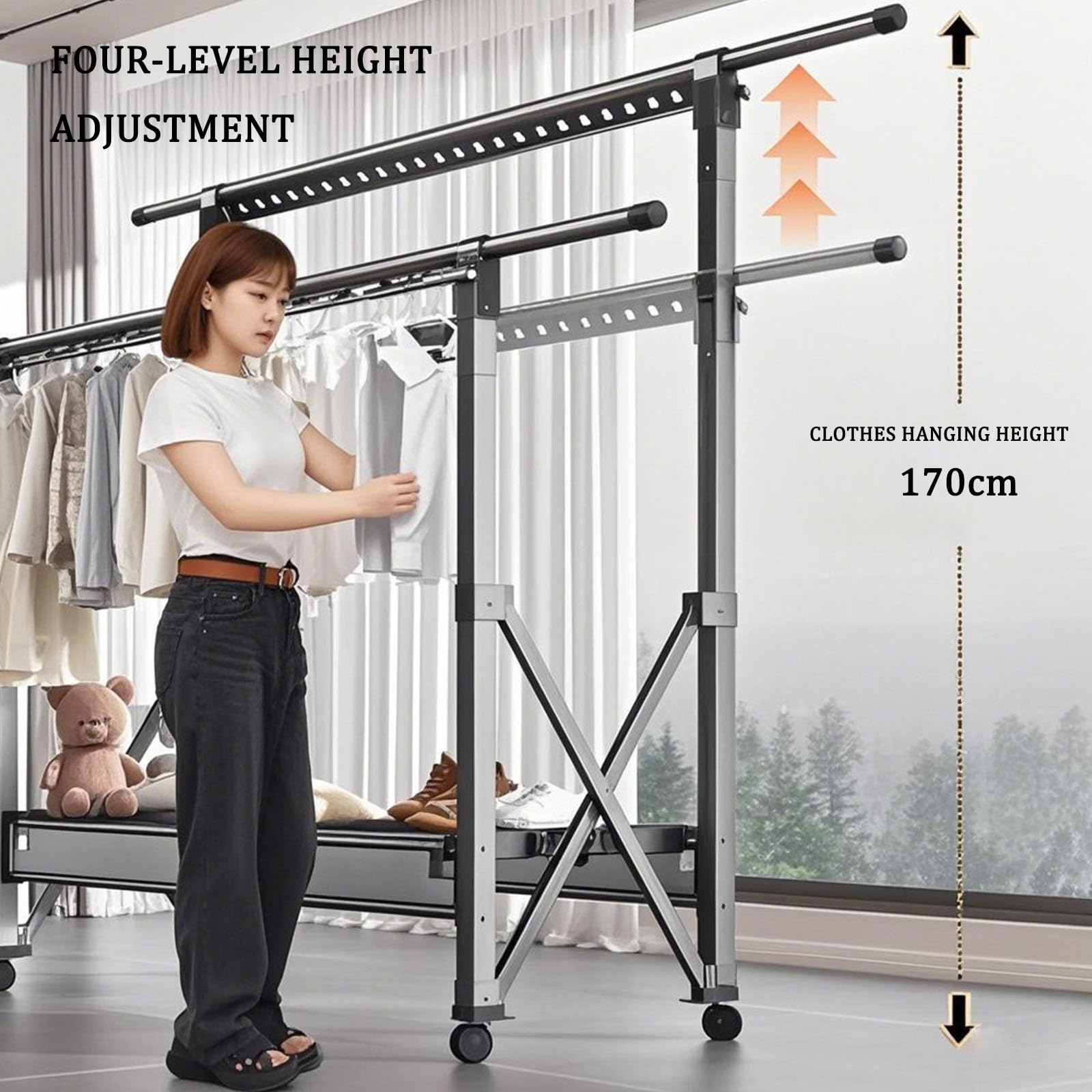 Tendedero plegable para interiores, grande, resistente, con ruedas, de aleación de aluminio, extensible y altura ajustable para balcón, camping, viajes al aire libre